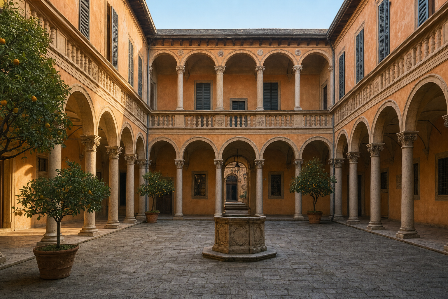 Een zonnige Italiaanse binnenplaats met okerkleurige gevels, twee verdiepingen met stenen bogen en zuilen, oude bestrating, een lage waterput en potten met citrusbomen.