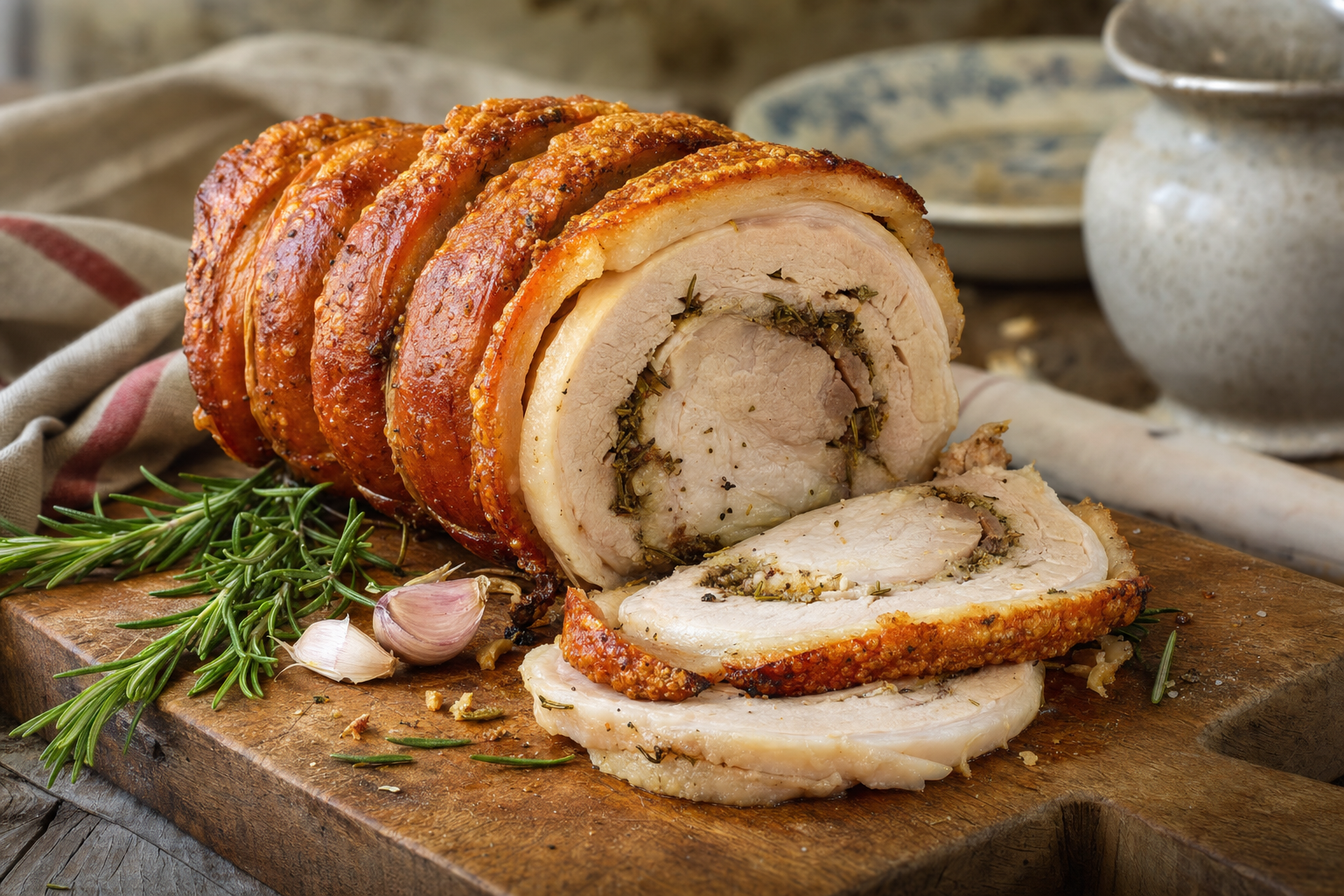Dikke plakken porchetta met sappig gekruid varkensvlees en goudbruin knapperig zwoerd op een houten plank, met takjes rozemarijn ernaast.