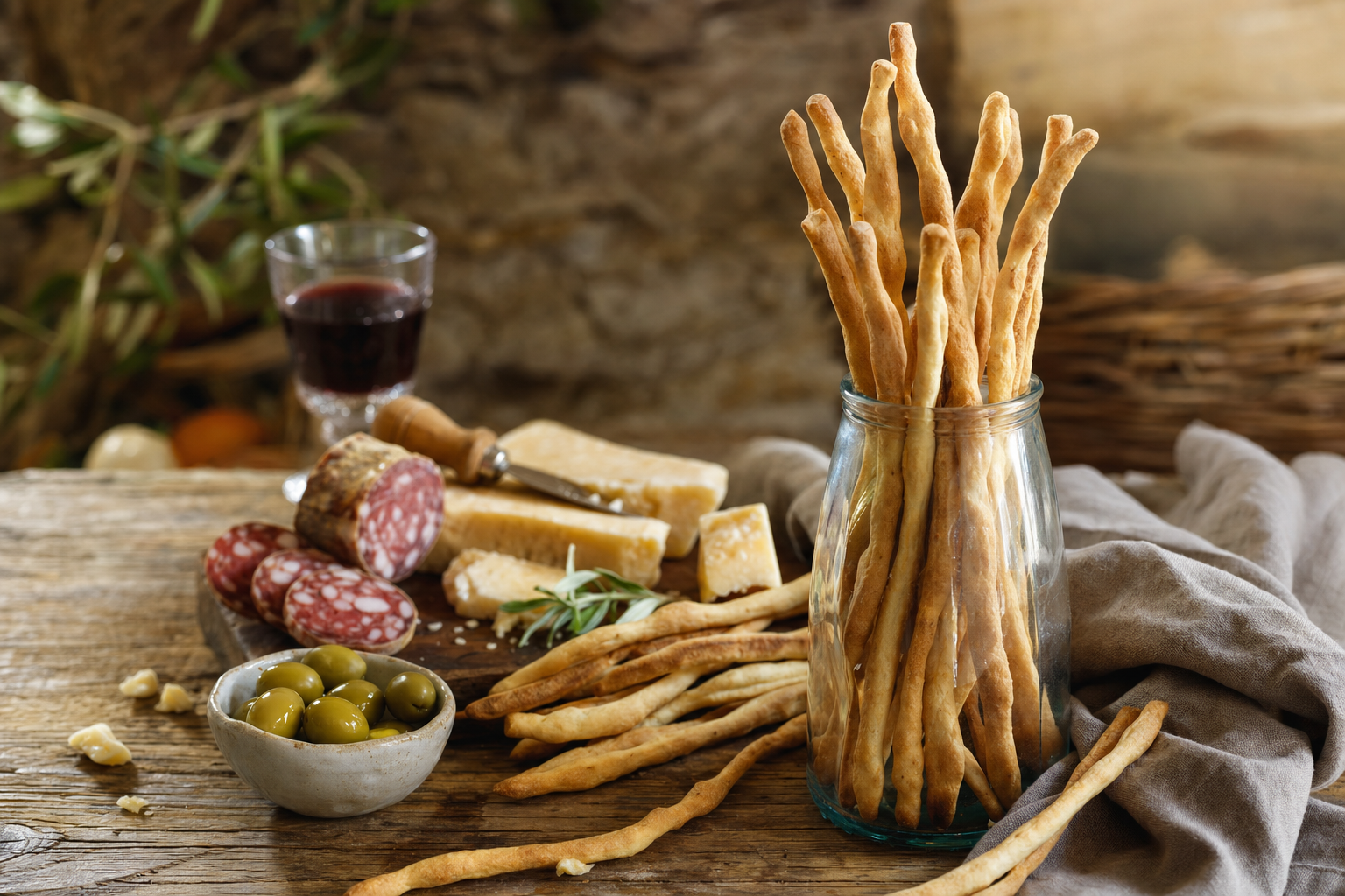 Lange goudbruine grissini staan in een glazen pot op een houten tafel, met olijven, Italiaanse salami en stukjes kaas ernaast.