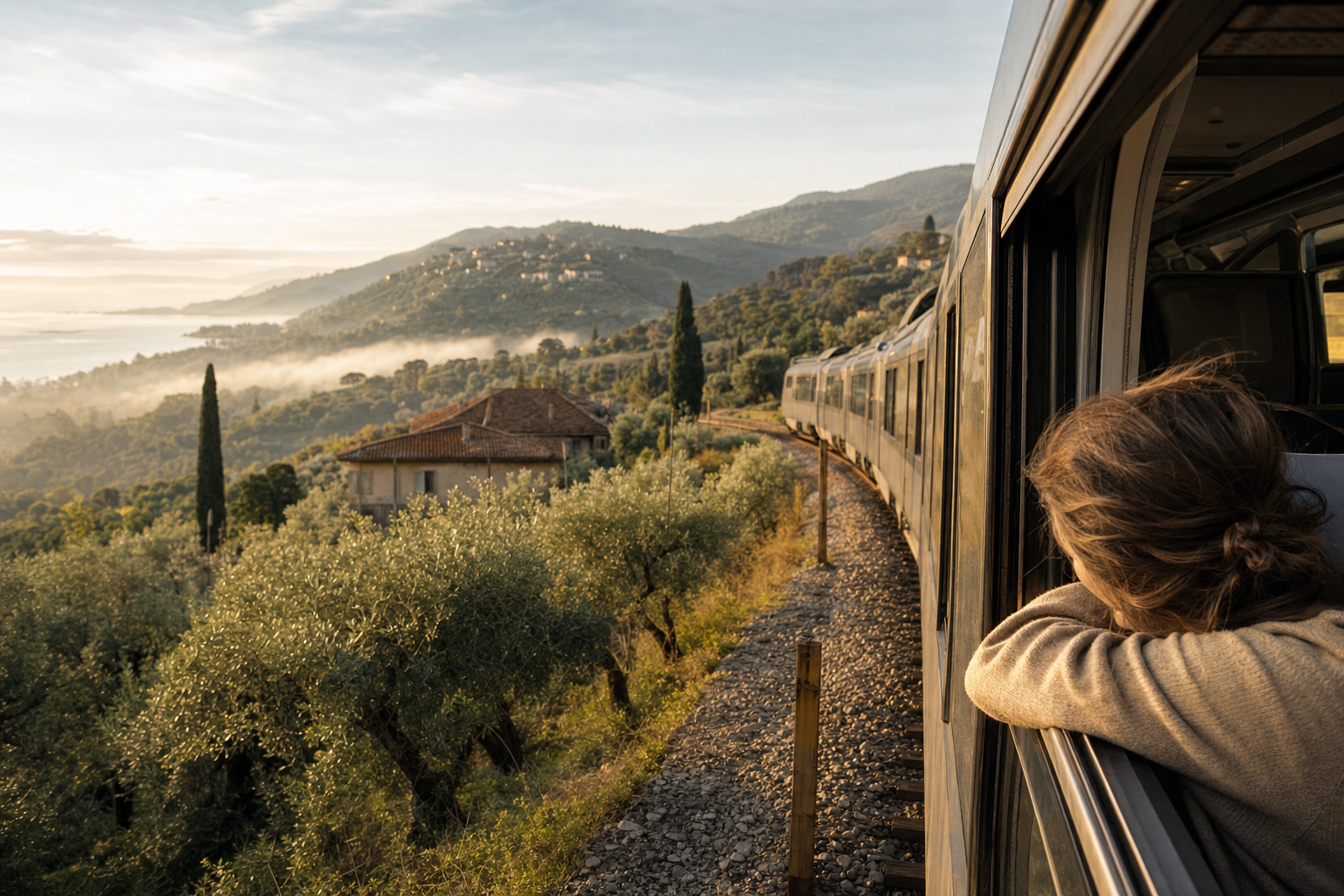 Uitzicht vanuit een regionale trein op een spoorlijn die door glooiende Italiaanse heuvels met olijfbomen loopt in het zachte ochtendlicht.