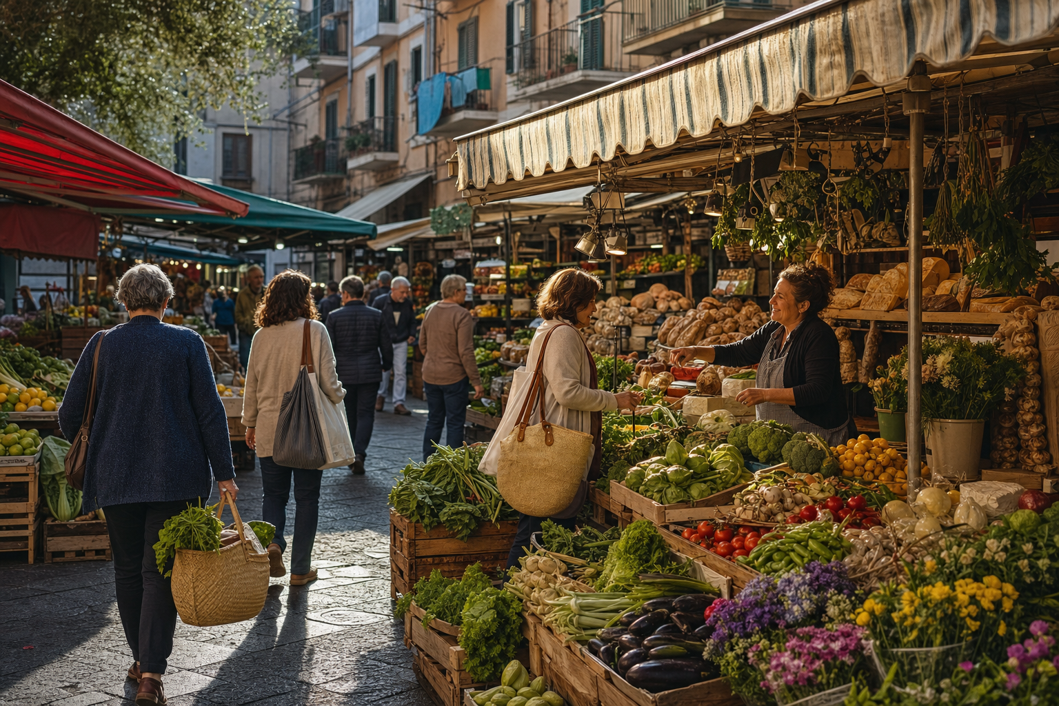 Een brede Italiaanse wijkmarkt in de ochtend met gestreepte luifels, kramen vol groente, fruit en bloemen, en bezoekers met boodschappentassen.