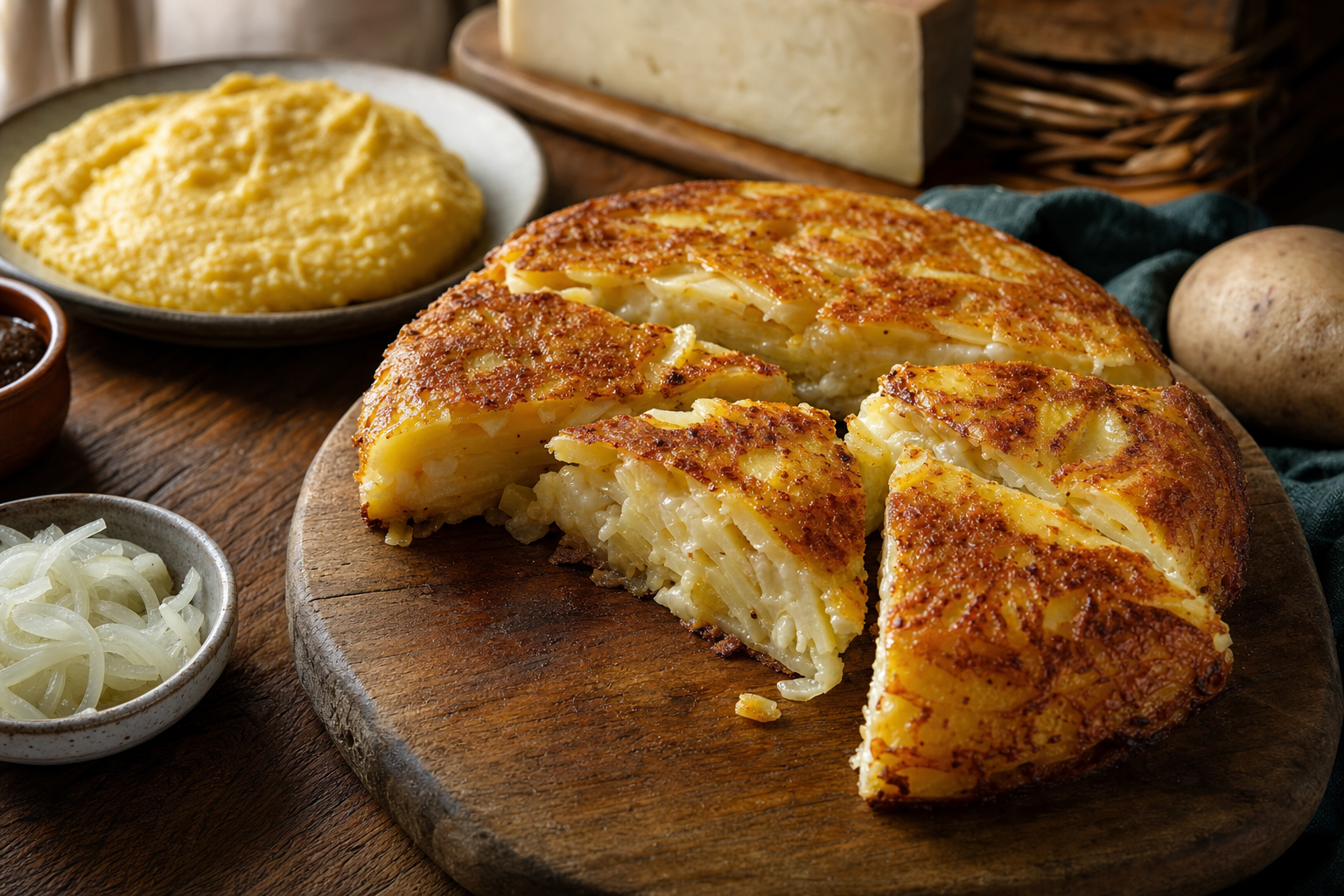 Een goudbruin gebakken frico in punten op een houten plank, met zichtbare aardappel, gesmolten kaas en ui, naast romige gele polenta.