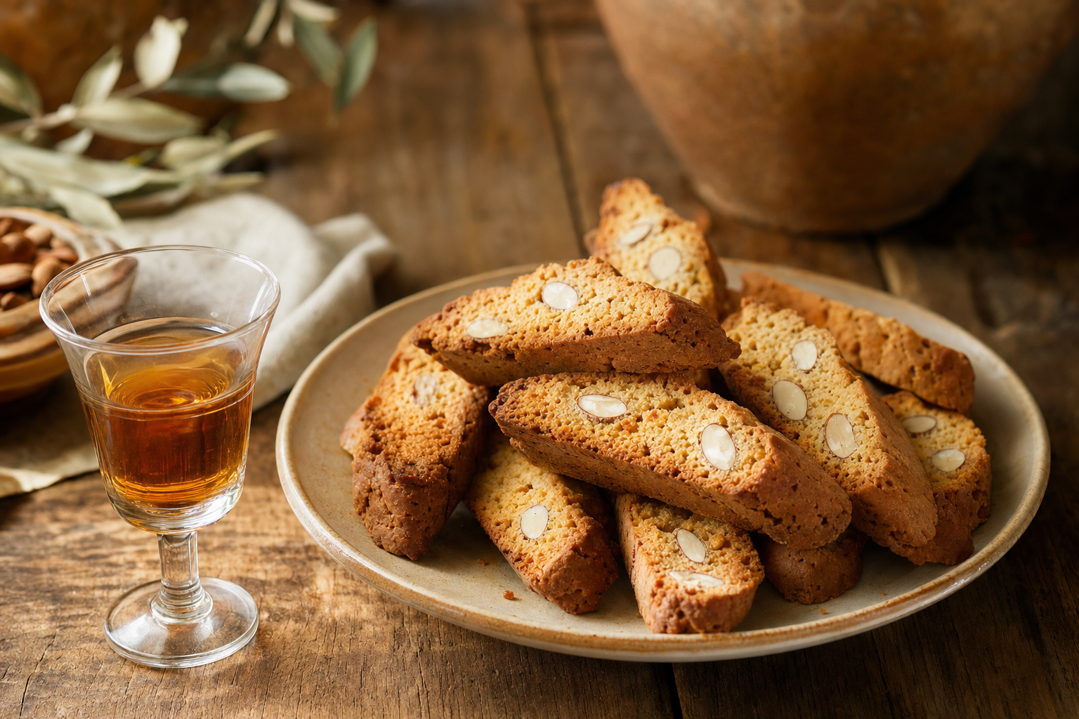 Goudbruine, schuin gesneden cantucci met zichtbare hele amandelen op een licht keramieken bord, naast een klein glaasje vin santo.
