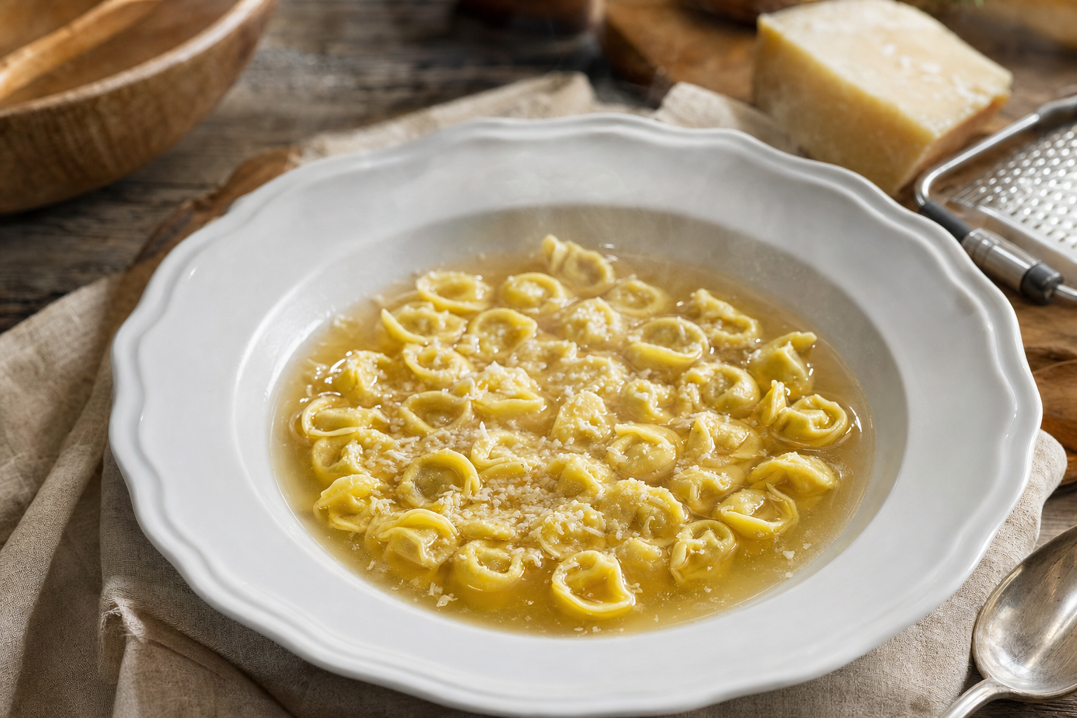 Diep wit bord met kleine handgevouwen tortellini in heldere goudkleurige bouillon, afgewerkt met fijn geraspte Parmezaanse kaas.