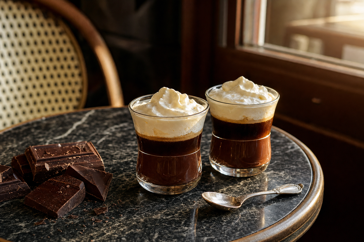 Twee glazen bicerin met zichtbare lagen donkere chocoladedrank, espresso en zachte room op een marmeren tafel, naast stukjes pure chocolade en een klein lepeltje.