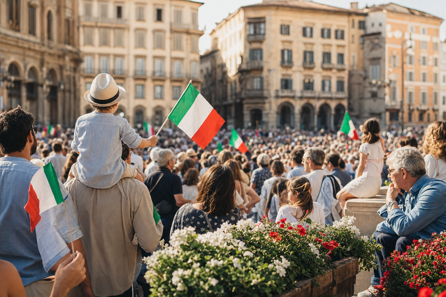 Families en andere bezoekers staan op een zonnig plein met kleine Italiaanse vlaggen in groen, wit en rood, voor historische gebouwen.
