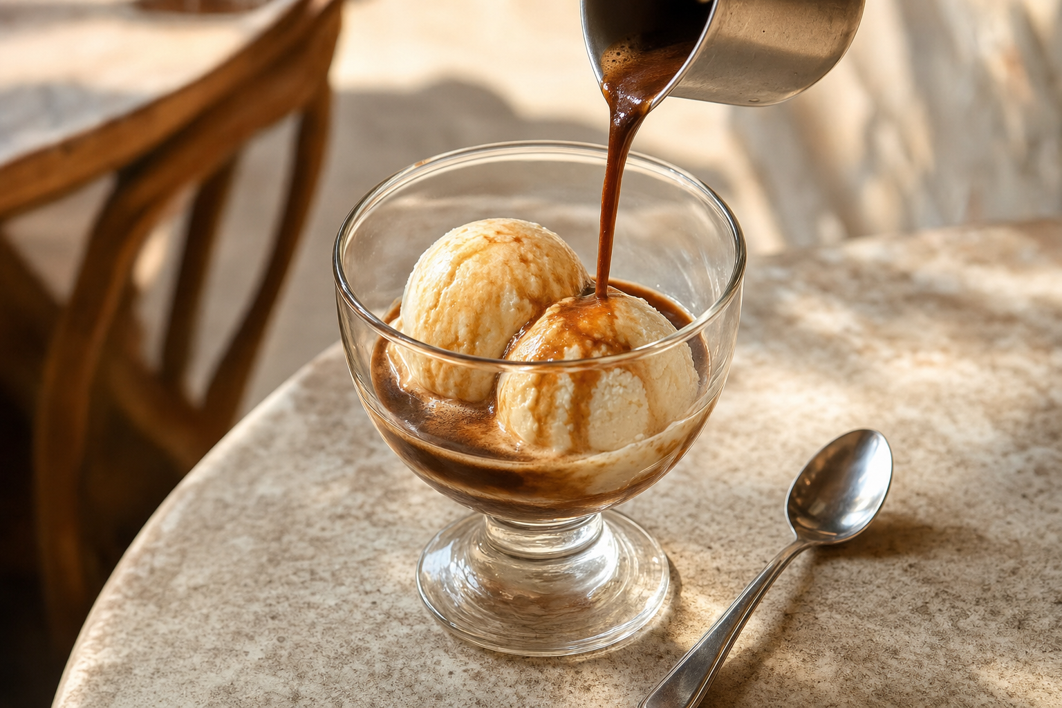 Een glazen dessertcoupe met twee bollen vanillegelato waar donkere espresso overheen is geschonken, met een lepeltje ernaast op een licht stenen tafelblad.