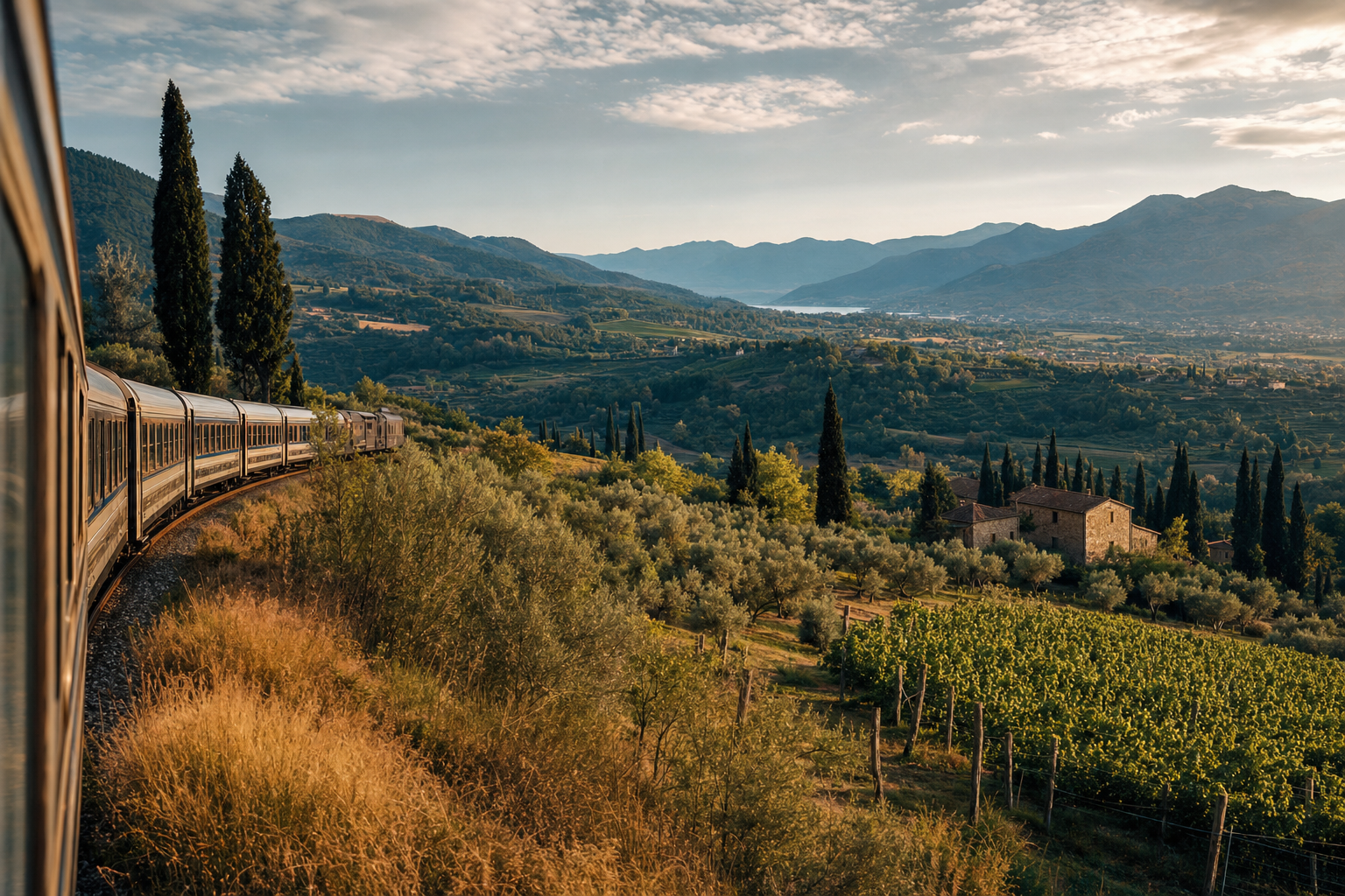 Een passagierstrein rijdt door een groen Italiaans dal met wijngaarden, cipressen, boerderijen en blauwe bergen op de achtergrond.