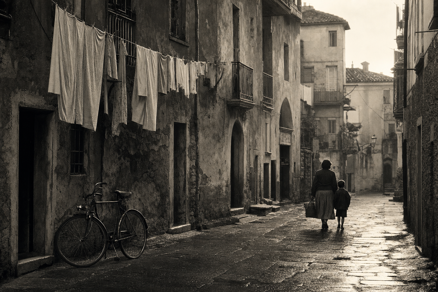 Een moeder en kind lopen over een natte, bescheiden Italiaanse straat met verweerde gevels, hangend wasgoed en een fiets tegen een muur.