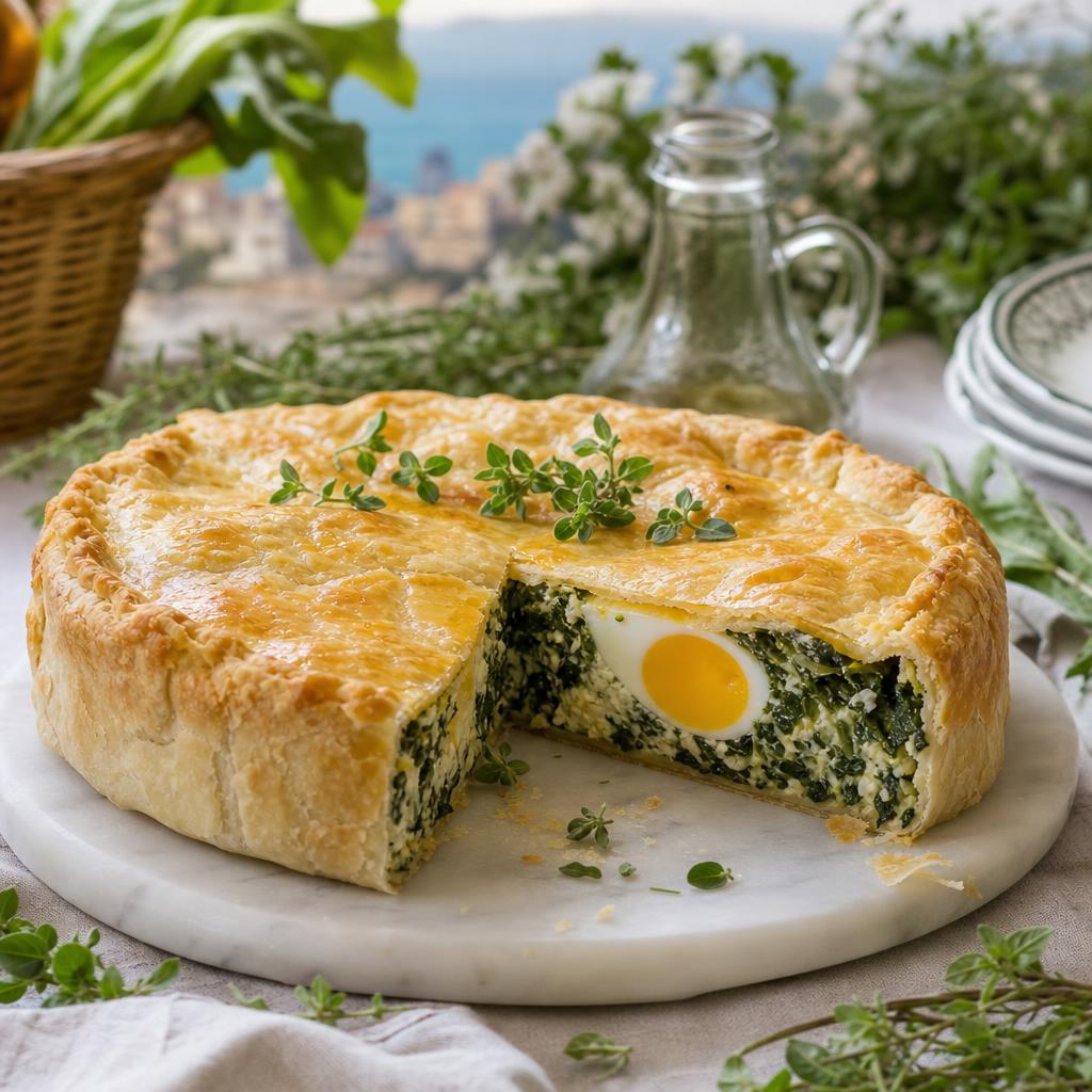 Aangesneden Ligurische paastaart met groene vulling en een heel gebakken ei