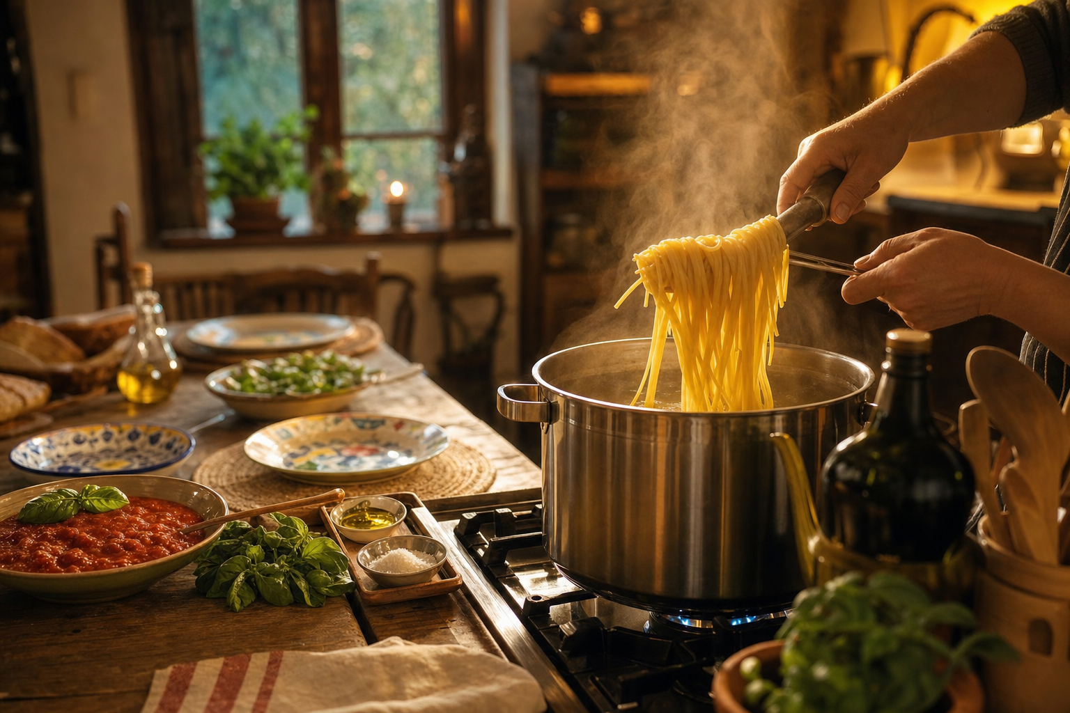 Een grote pan met dampende spaghetti op het fornuis, terwijl handen de pasta met een tang optillen; op de houten tafel staan tomatensaus, basilicum, olijfolie en gedekte borden.
