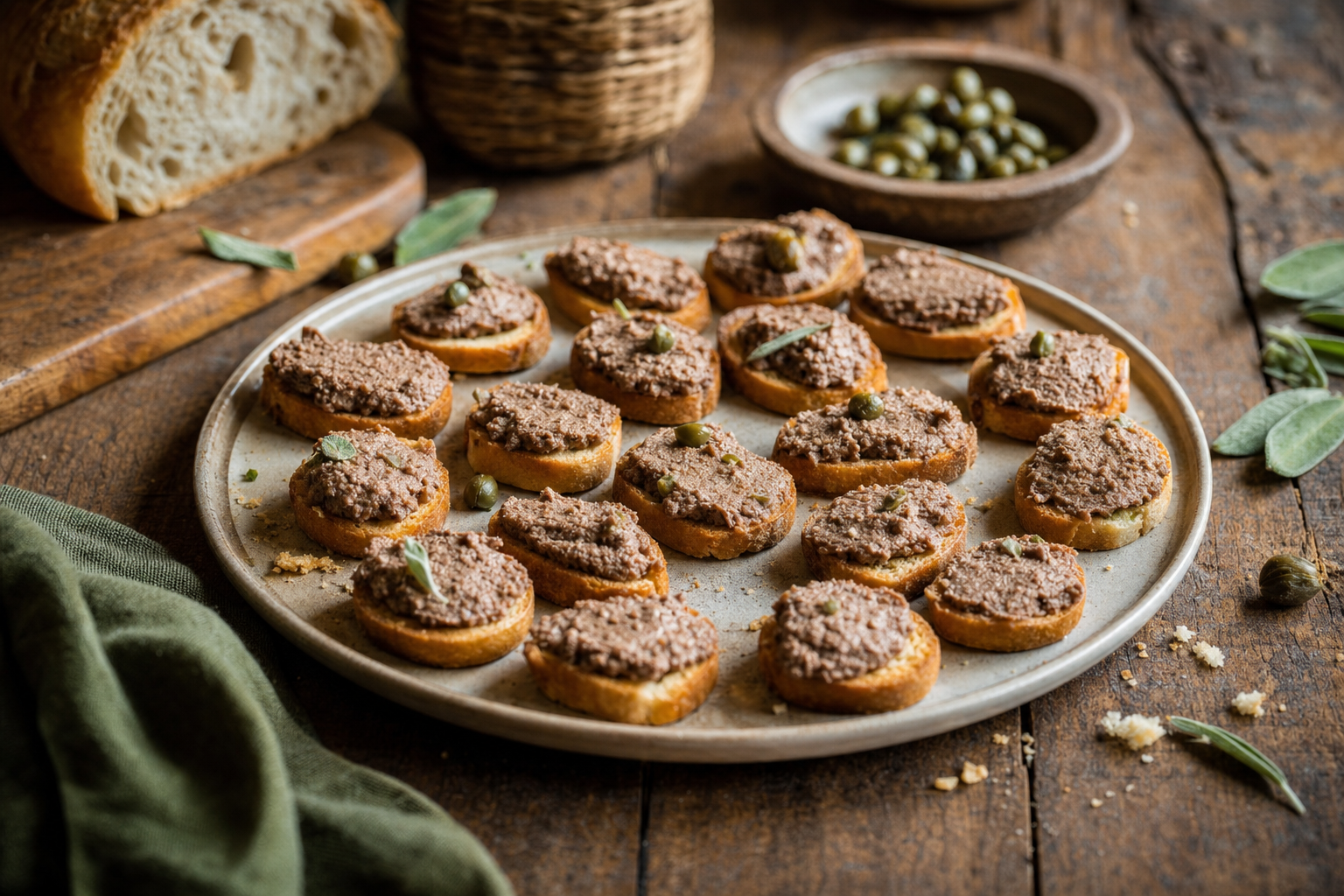 Geroosterde sneetjes landbrood met donkerbruine kippenleverpaté op een rustiek bord, afgewerkt met enkele kappertjes en salieblaadjes.