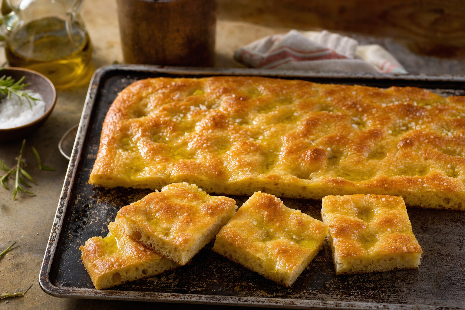 Een lage goudbruine focaccia op een donkere bakplaat, met diepe kuiltjes vol glanzende olijfolie, grof zeezout en enkele uitgesneden stukken.