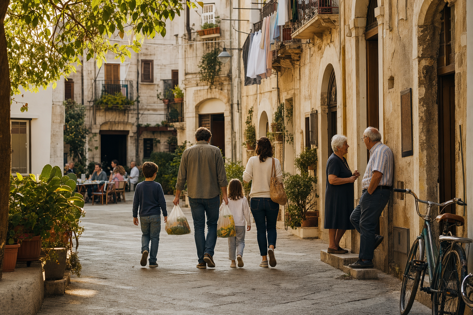 Een zonnige Italiaanse woonstraat met planten op balkons, wasgoed aan een lijn, wandelende buurtbewoners, een fiets tegen een stenen muur en tafeltjes in de verte.
