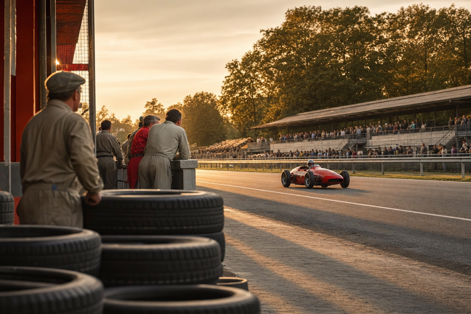 Een rode klassieke racewagen rijdt over een breed circuit, met monteurs en toeschouwers langs de pitstraat en hoge bomen op de achtergrond.