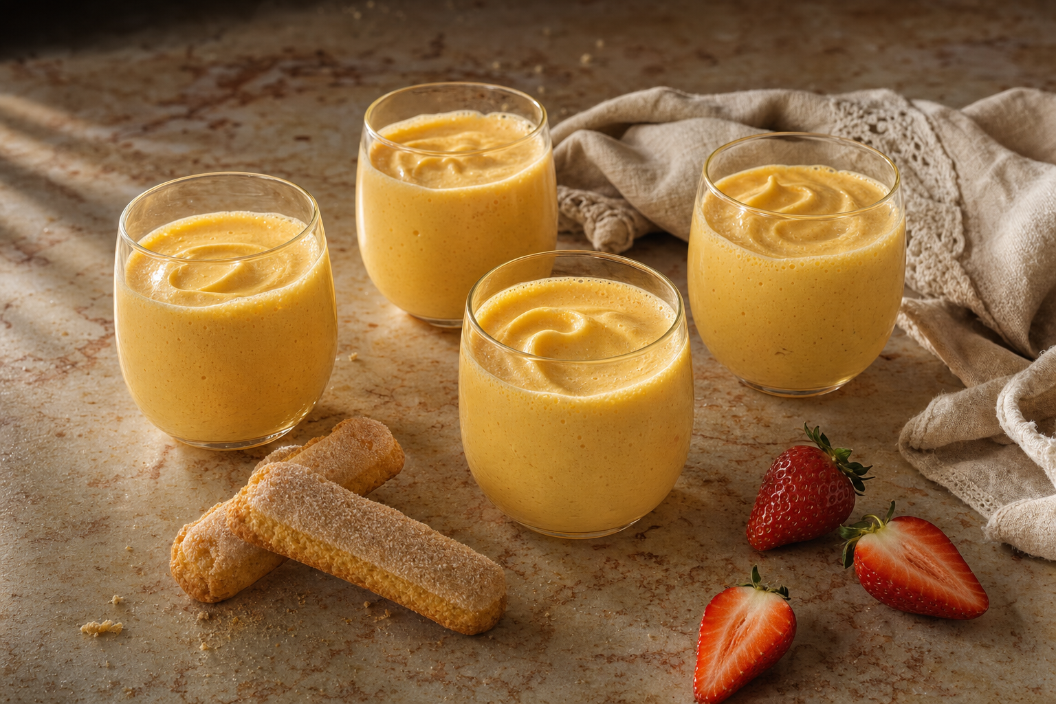 Vier kleine glazen met warme, goudgele zabaglione, geserveerd met lange vingers en aardbeien op een lichte marmeren tafel.