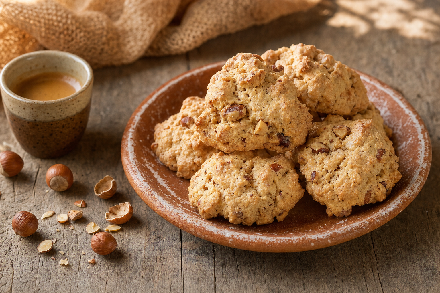 Een stapeltje onregelmatige goudbruine hazelnootkoekjes met zichtbare notenstukjes op een terracotta schaal, naast een klein kopje espresso en losse hazelnoten.