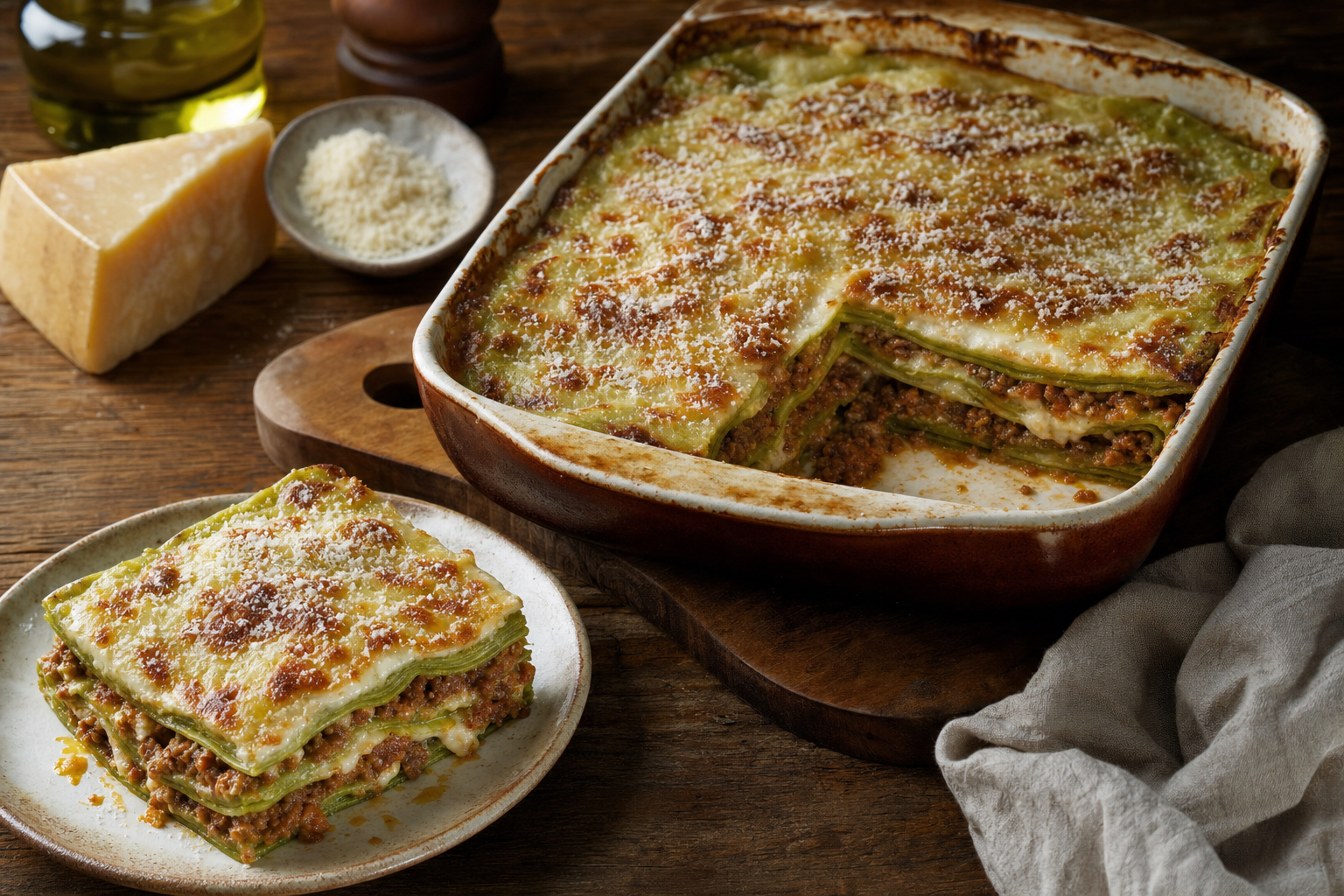 Aangesneden ovenschaal met goudbruine groene lasagne, waarin lagen spinaziepasta, ragù en romige bechamelsaus zichtbaar zijn.