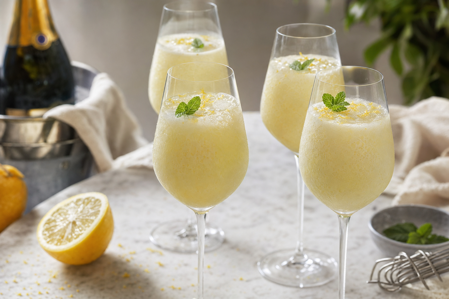 Vier flûtes met bleekgele, romige citroensorbetcocktail, afgewerkt met citroenrasp en verse munt, op een lichte tafel met een halve citroen en garde ernaast.