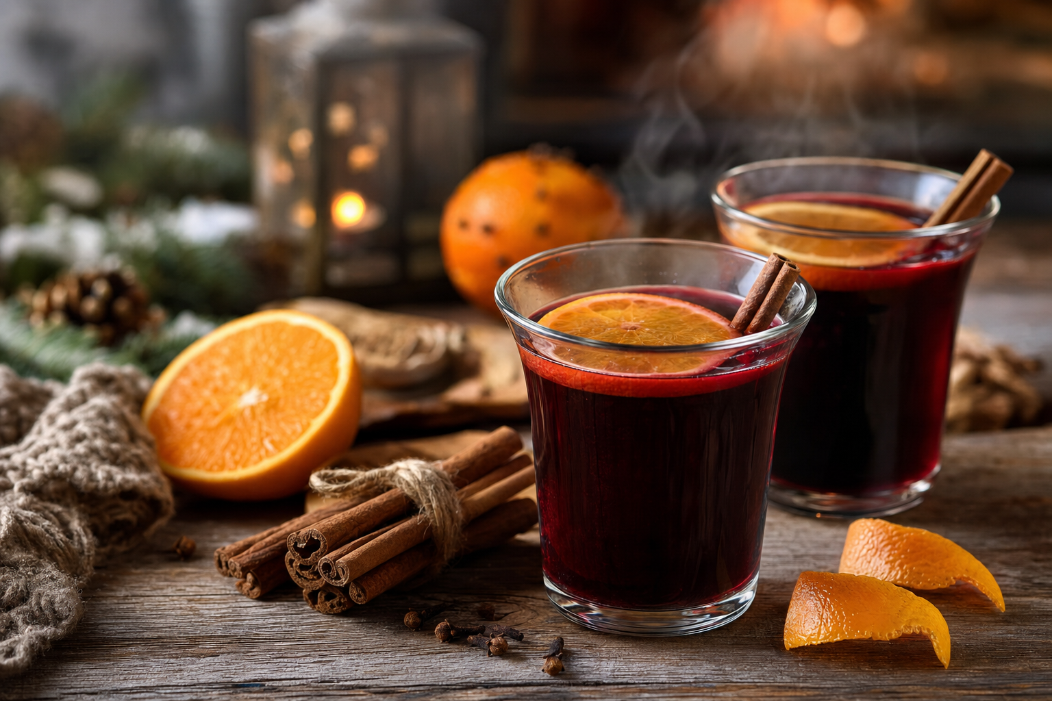 Twee glazen dampende rode vin brulé op een houten tafel, met sinaasappelschil, kaneelstokje en kruidnagels ernaast.