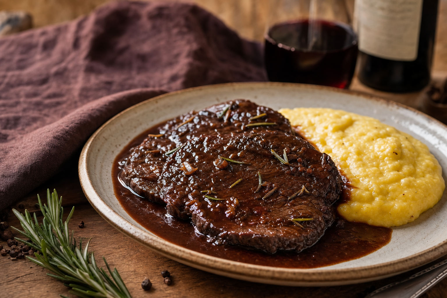 Drie plakken donker gestoofd rundvlees met roodbruine wijnsaus op een licht bord, geserveerd naast romige polenta en een takje rozemarijn.