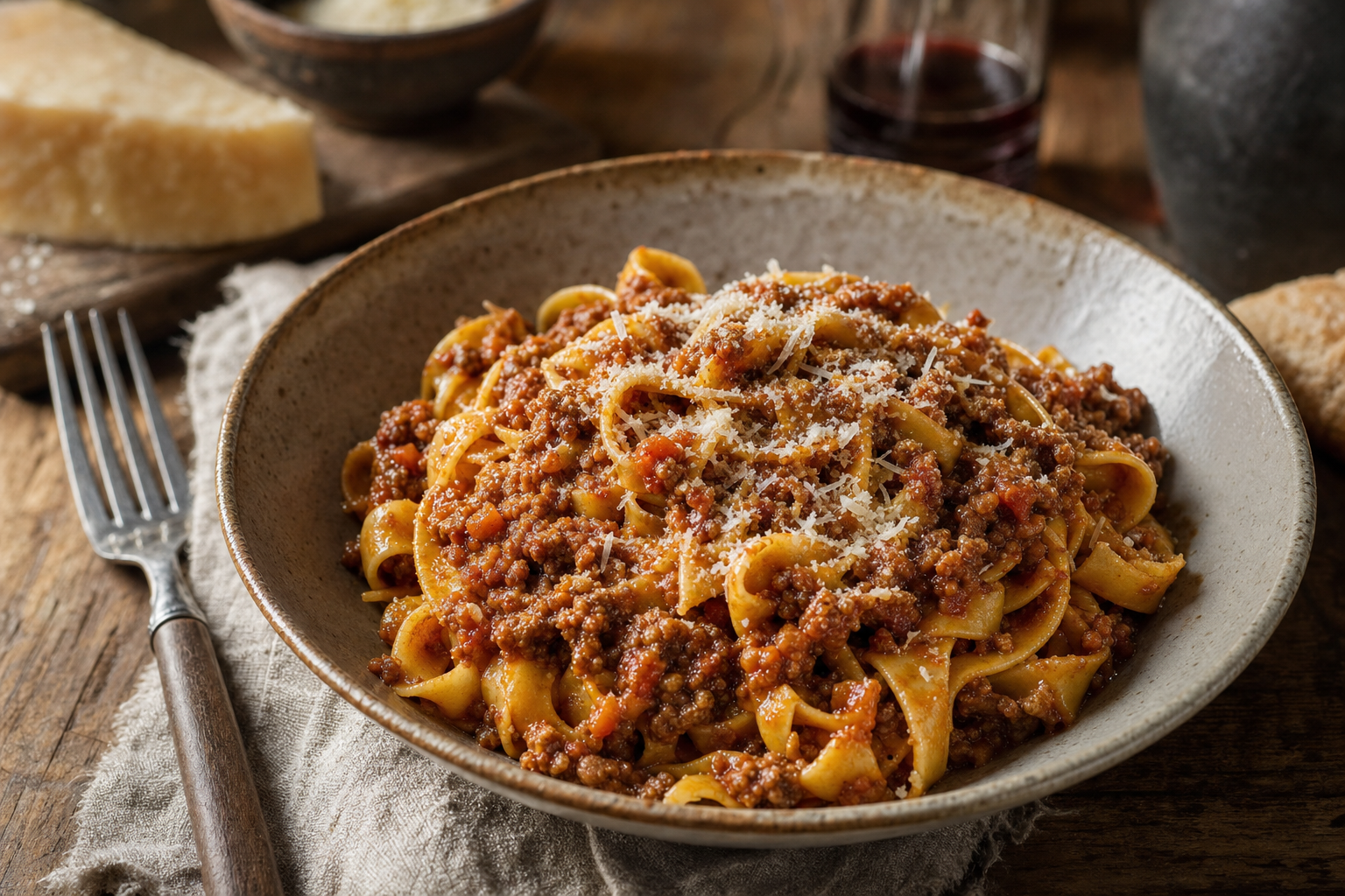 Een rustieke schaal tagliatelle met dikke roodbruine ragù alla bolognese, bestrooid met fijn geraspte Parmezaanse kaas op een houten tafel.