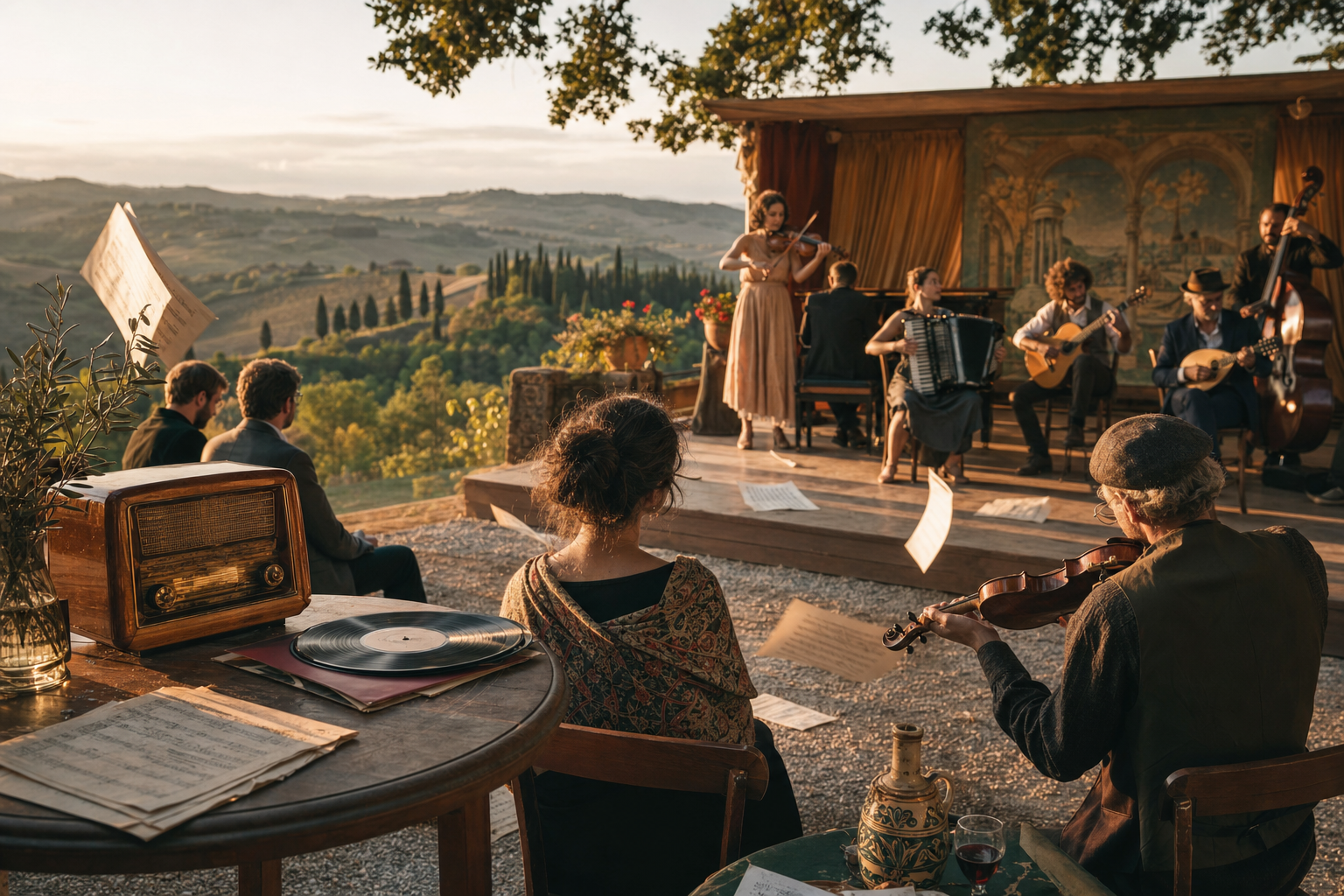Een groep muzikanten met viool, accordeon, gitaar en mandoline speelt buiten in een glooiend Italiaans landschap, met bladmuziek, platen en een vintage radio op een tafel op de voorgrond.
