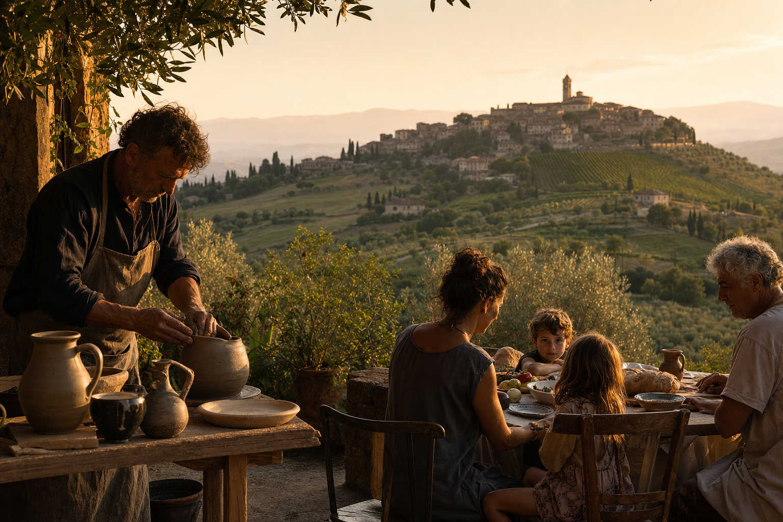 Een ambachtsman werkt aan een houten tafel op een stenen terras, met brood, keramiek en groenten op tafel en glooiende Italiaanse heuvels met olijfbomen op de achtergrond.
