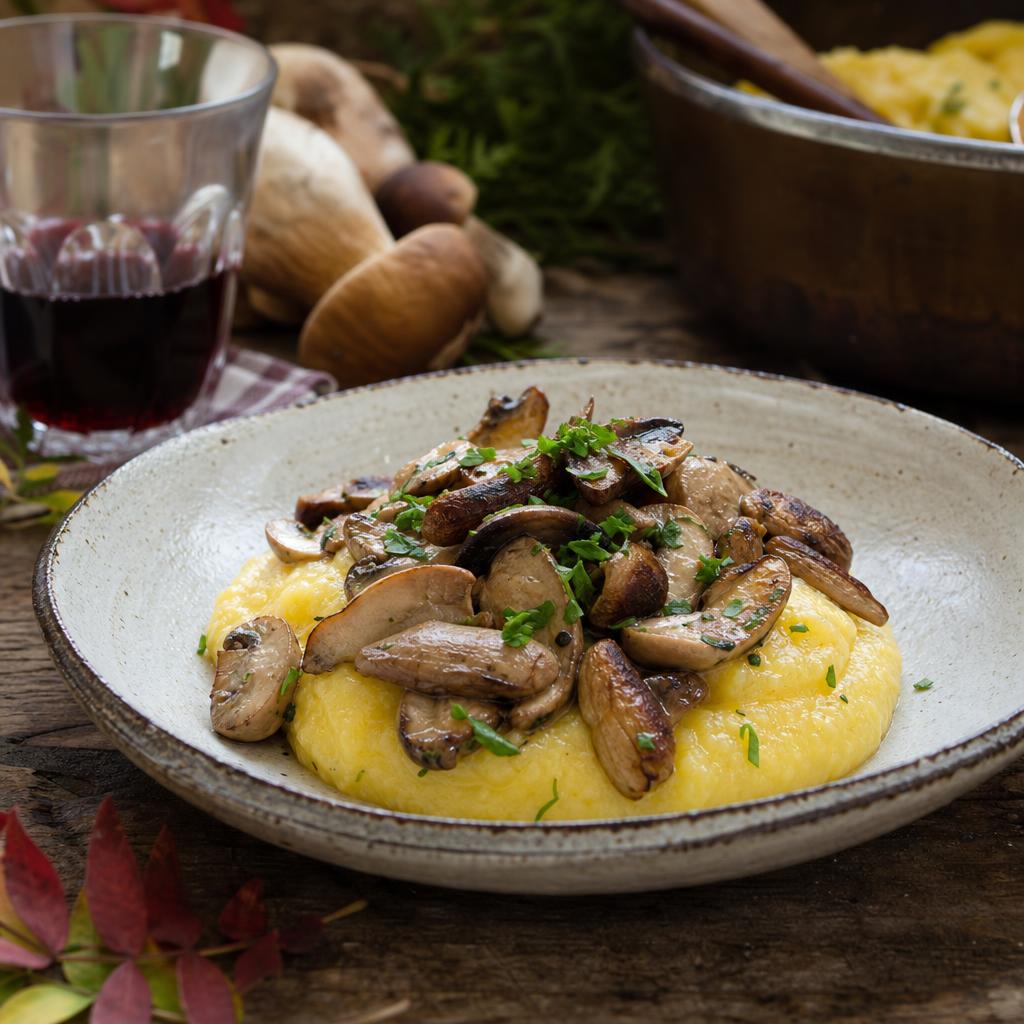 Romige gele polenta met gebakken eekhoorntjesbrood en verse peterselie