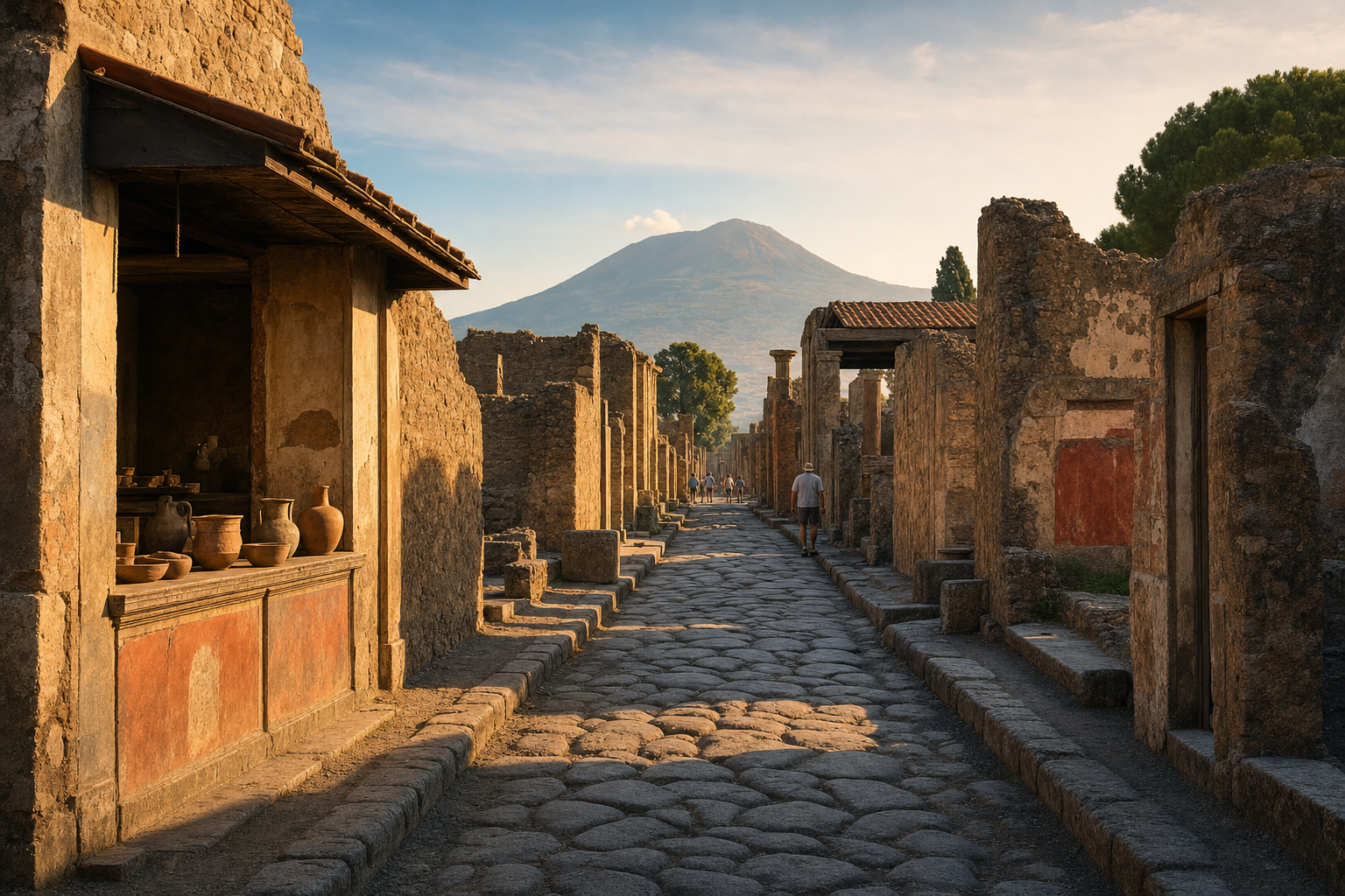 Een brede geplaveide straat in Pompeï tussen lage Romeinse muren en open deuropeningen, met de Vesuvius wazig zichtbaar op de achtergrond in warm ochtendlicht.