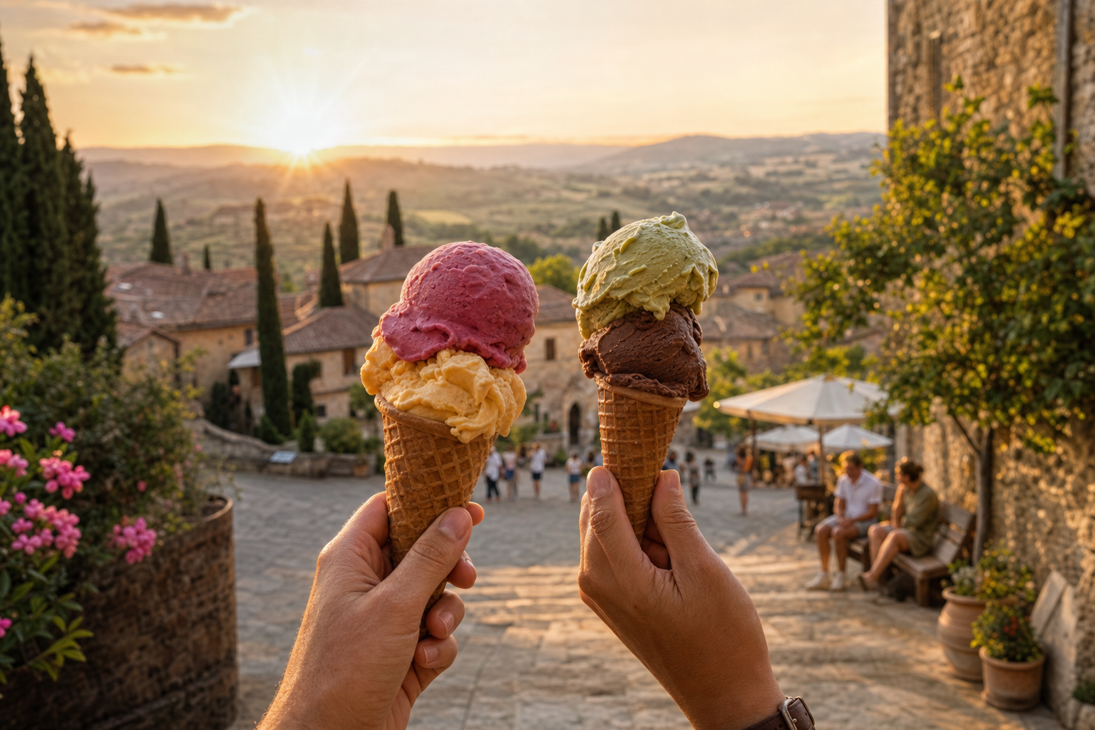 Twee handen met hoorntjes gevuld met verschillende kleuren gelato, met een zonnig Italiaans landschap en cipressen op de achtergrond.