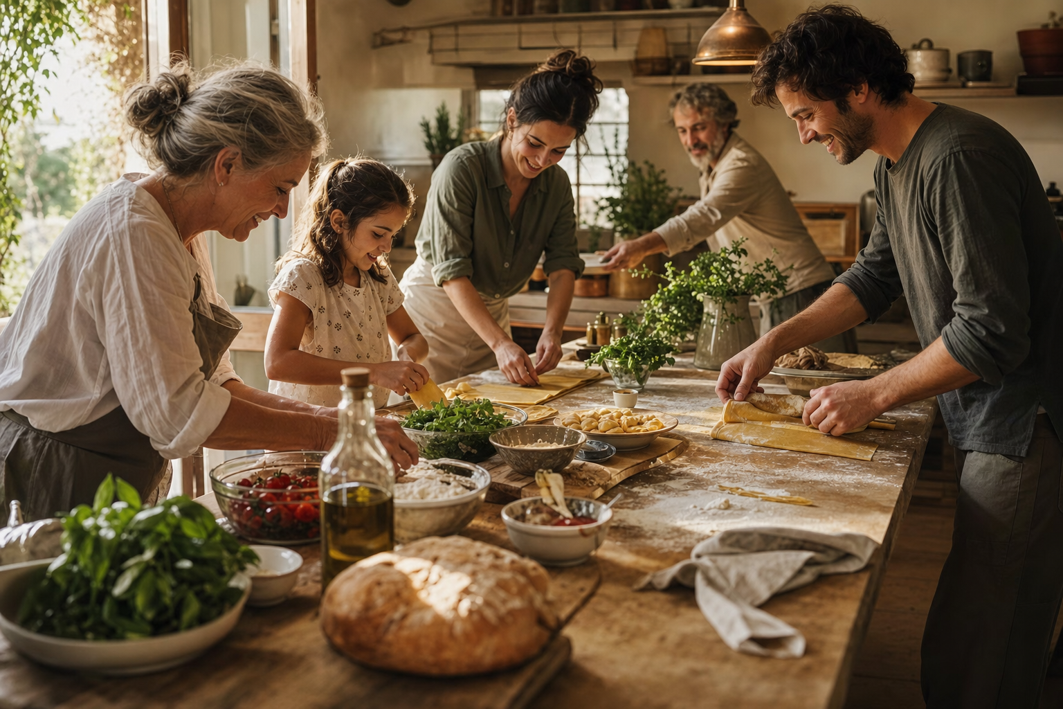 Een groep mensen bereidt samen verse pasta en seizoensgroenten aan een lange houten tafel in een lichte Italiaanse keuken.