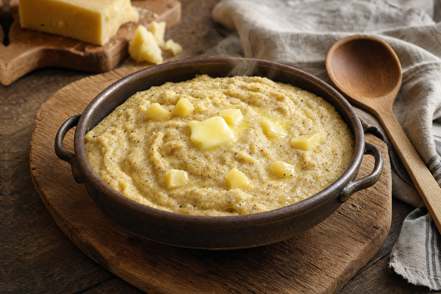 Dampende donkerbeige polenta taragna op een houten plank, met gesmolten kaas en glanzende boter bovenop.