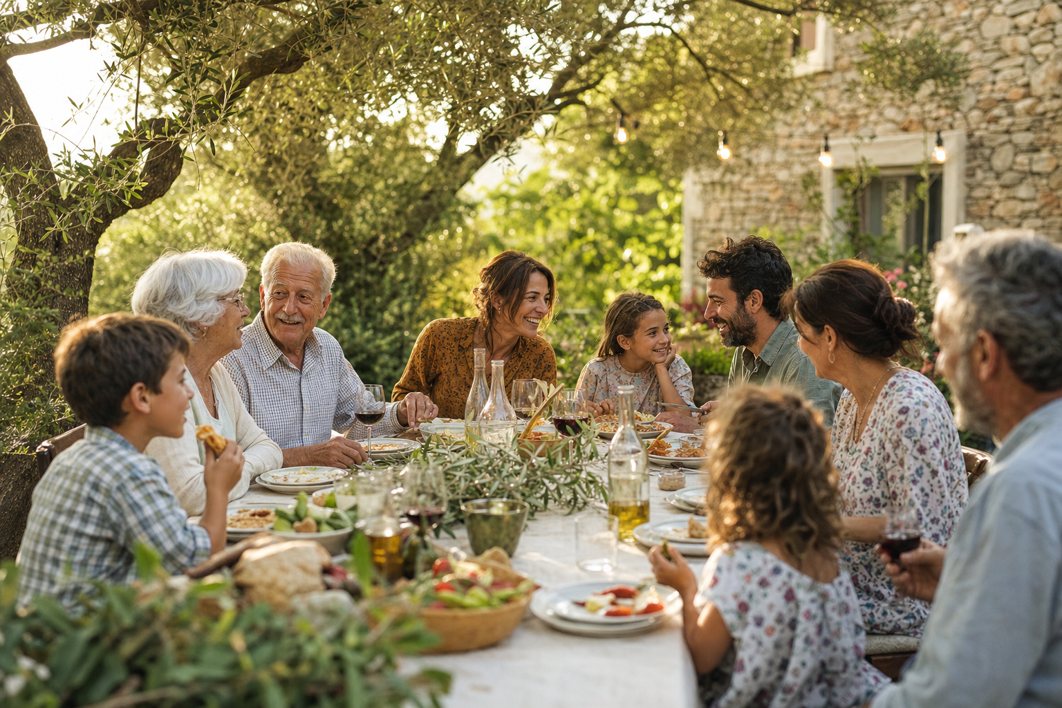 Een grootouderspaar, volwassenen en kinderen zitten lachend rond een lange tafel met een linnen kleed in een zonnige tuin.