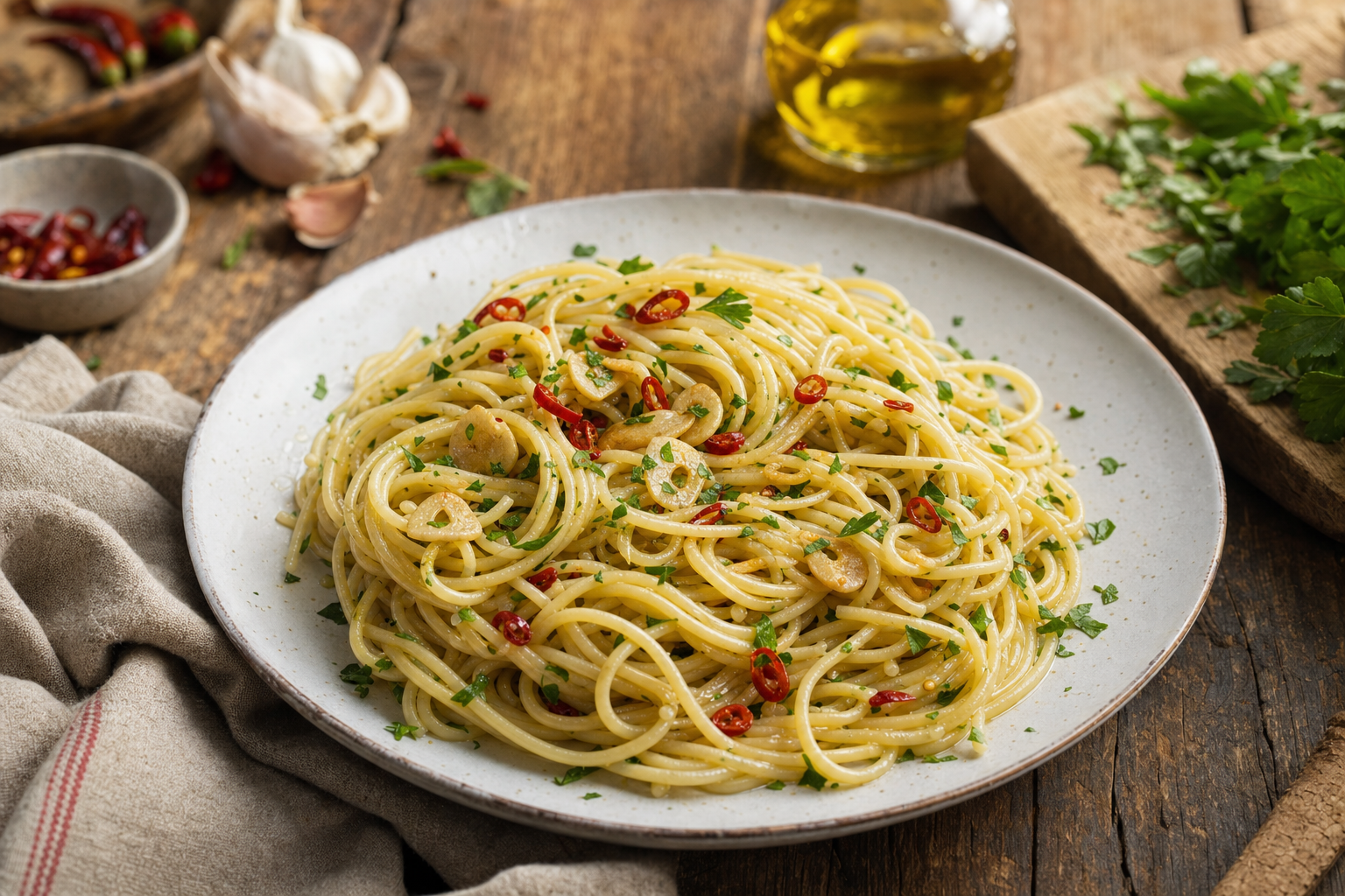 Een wit bord met glanzende spaghetti, plakjes goudkleurige knoflook, rode chilipeperringetjes en groene peterselie op een houten tafel.