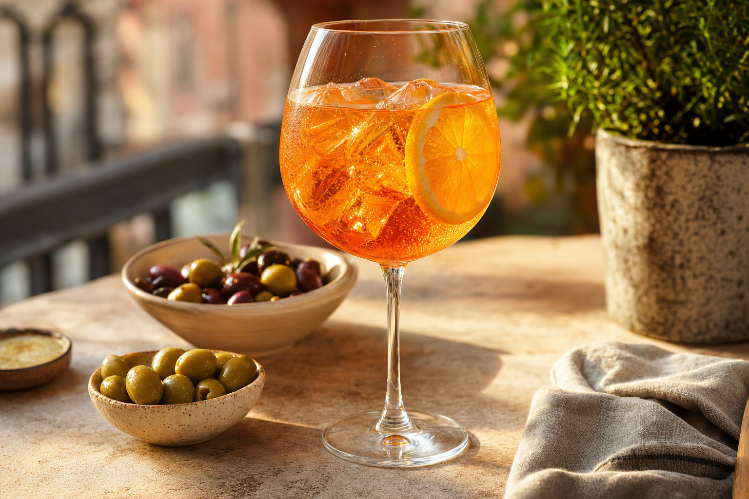Een helderoranje Aperol Spritz in een groot wijnglas met ijsblokjes en een schijf sinaasappel op een zonnige terrastafel.
