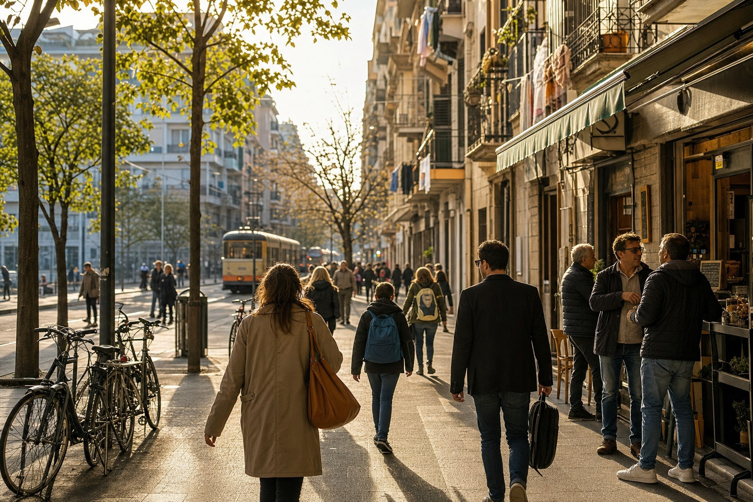 Een zonnige Italiaanse woonstraat in de ochtend met mensen die naar werk en school lopen, fietsen bij een boom en een tram in de verte.