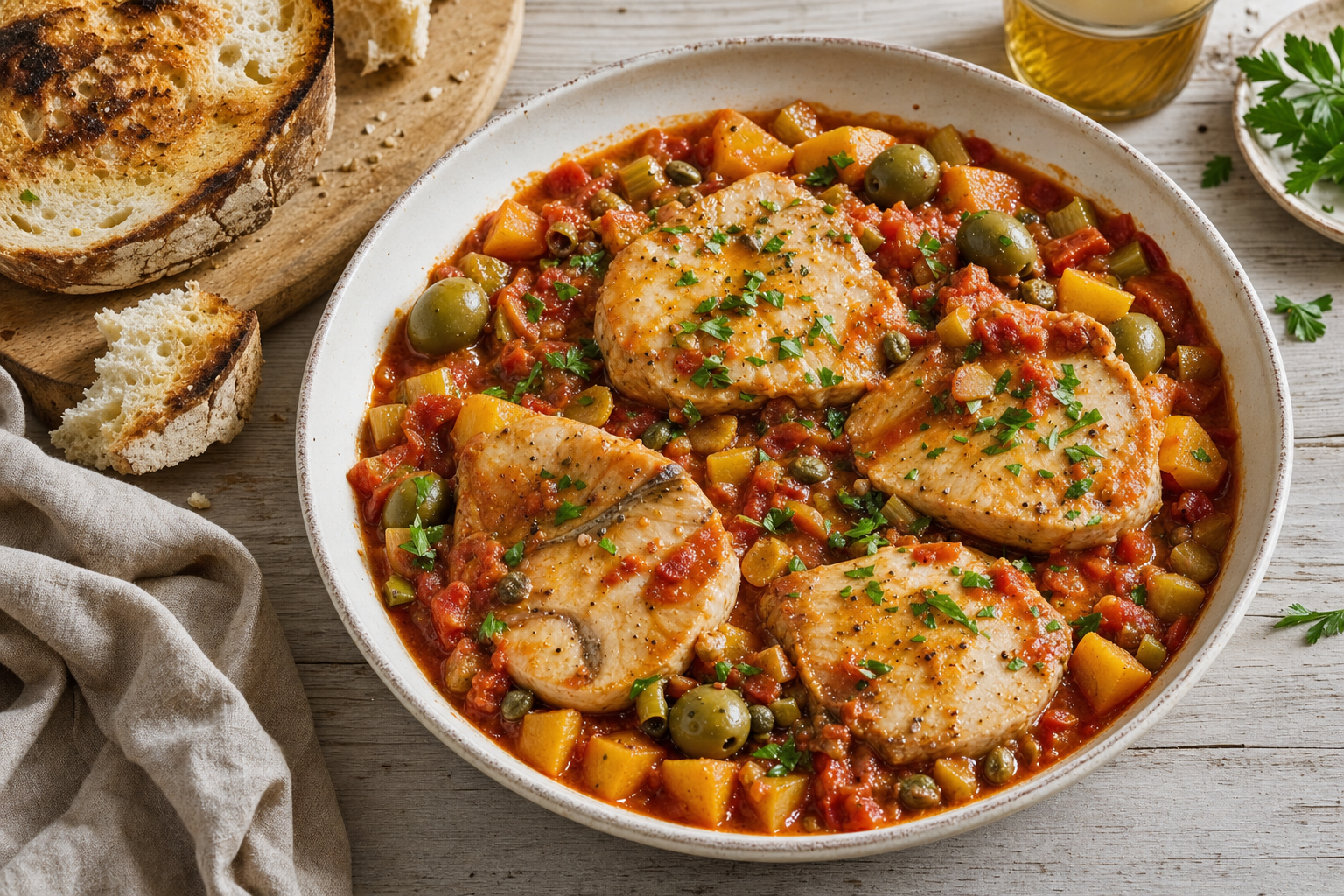 Vier plakken zwaardvis in rode tomatensaus met aardappelblokjes, groene olijven, kappertjes, bleekselderij en peterselie in een witte schaal, met geroosterd brood ernaast.