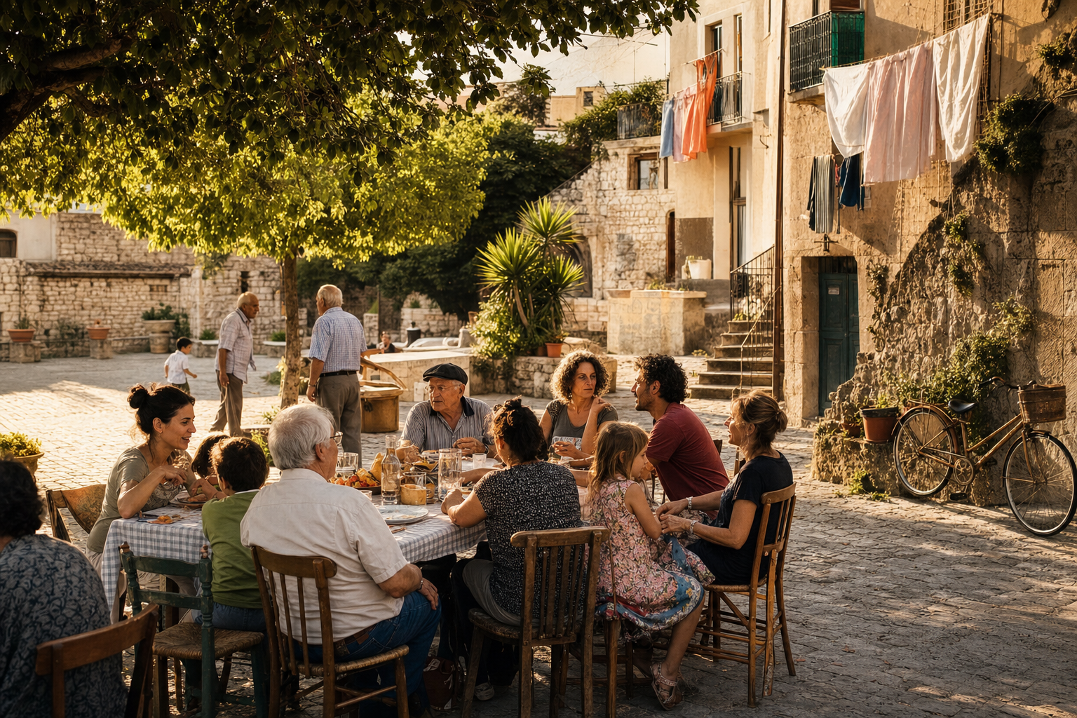Een lange tafel met mensen van verschillende leeftijden die buiten in een zonnig Italiaans dorpsplein samen eten, met bomen, fietsen en stenen huizen op de achtergrond.