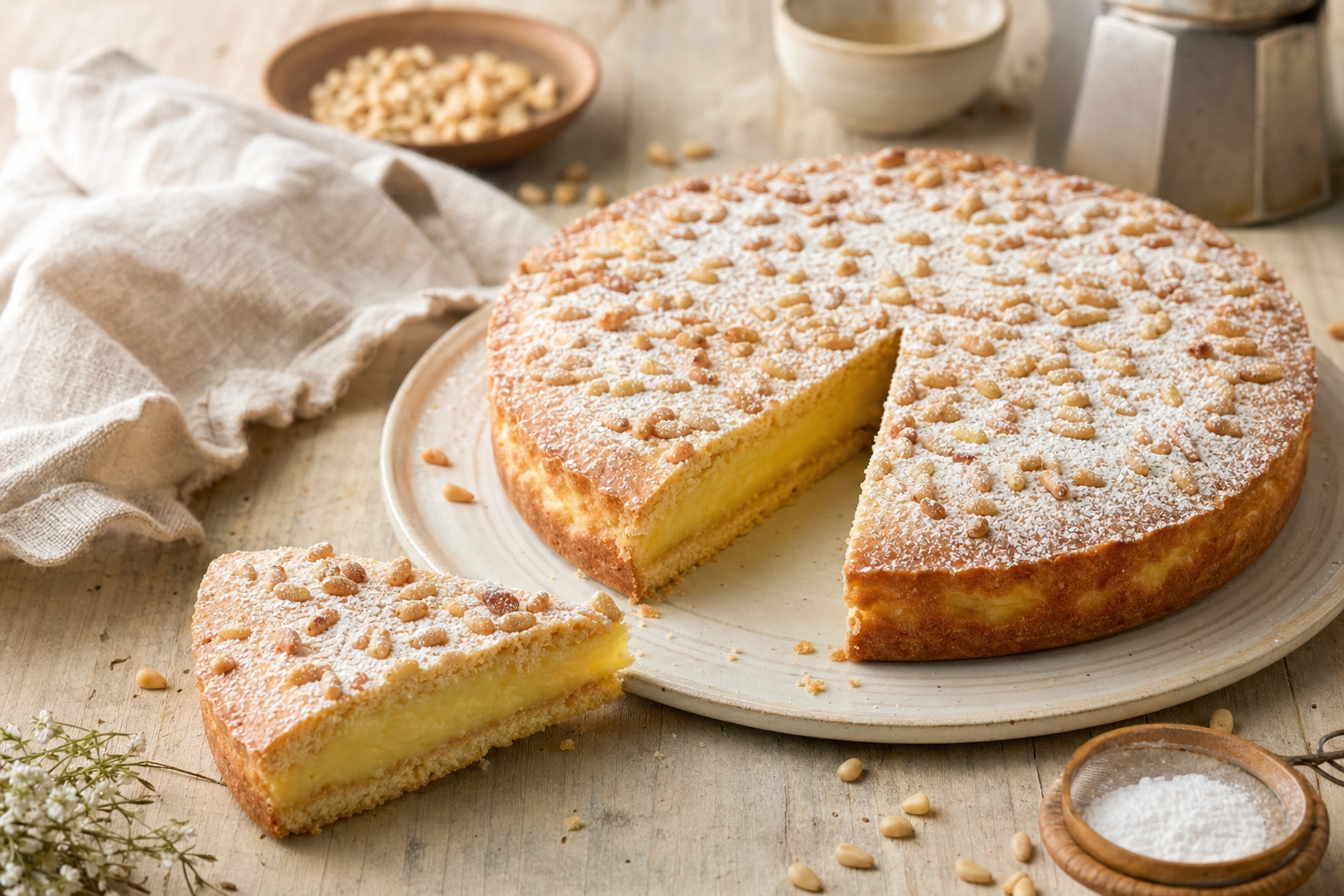 Een ronde goudbruine torta della nonna met pijnboompitten en poedersuiker, waarvan één punt is uitgesneden zodat de dikke laag banketbakkersroom zichtbaar is.