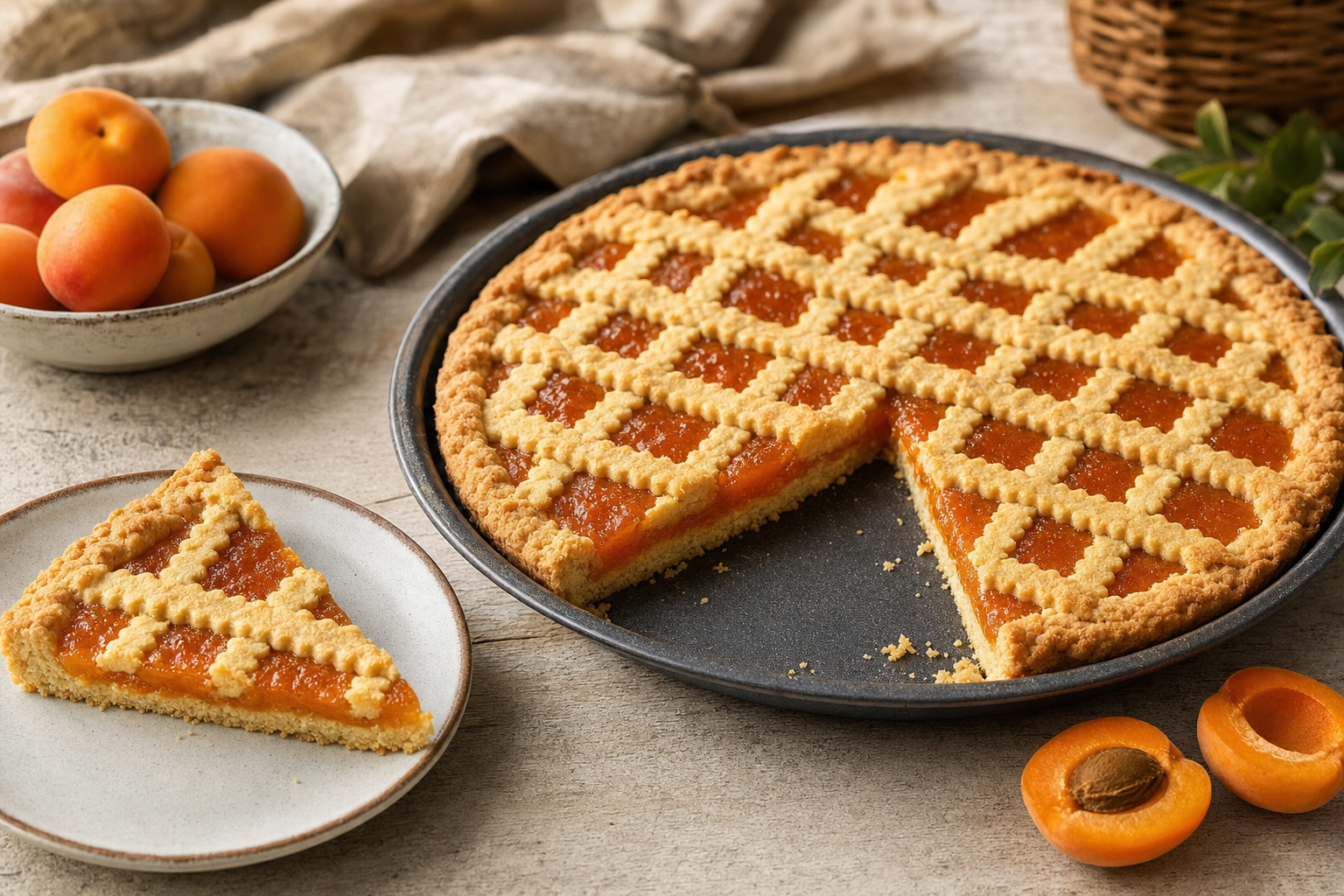 Ronde goudbruine crostata met een ruitvormig deegvlechtwerk en zichtbaar glanzende abrikozenjam, met één uitgesneden taartpunt naast de vorm.