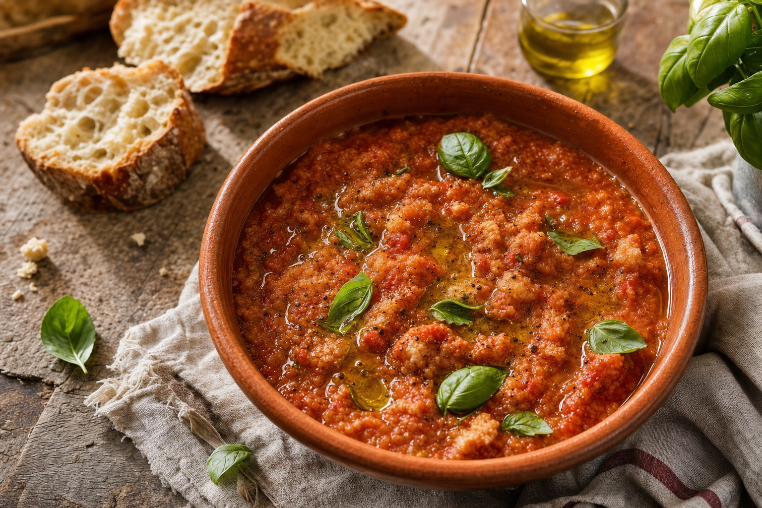 Een terracotta kom met dikke rode Toscaanse broodsoep, afgewerkt met basilicumblaadjes, zwarte peper en een straal olijfolie, op een houten tafel naast stukken brood.