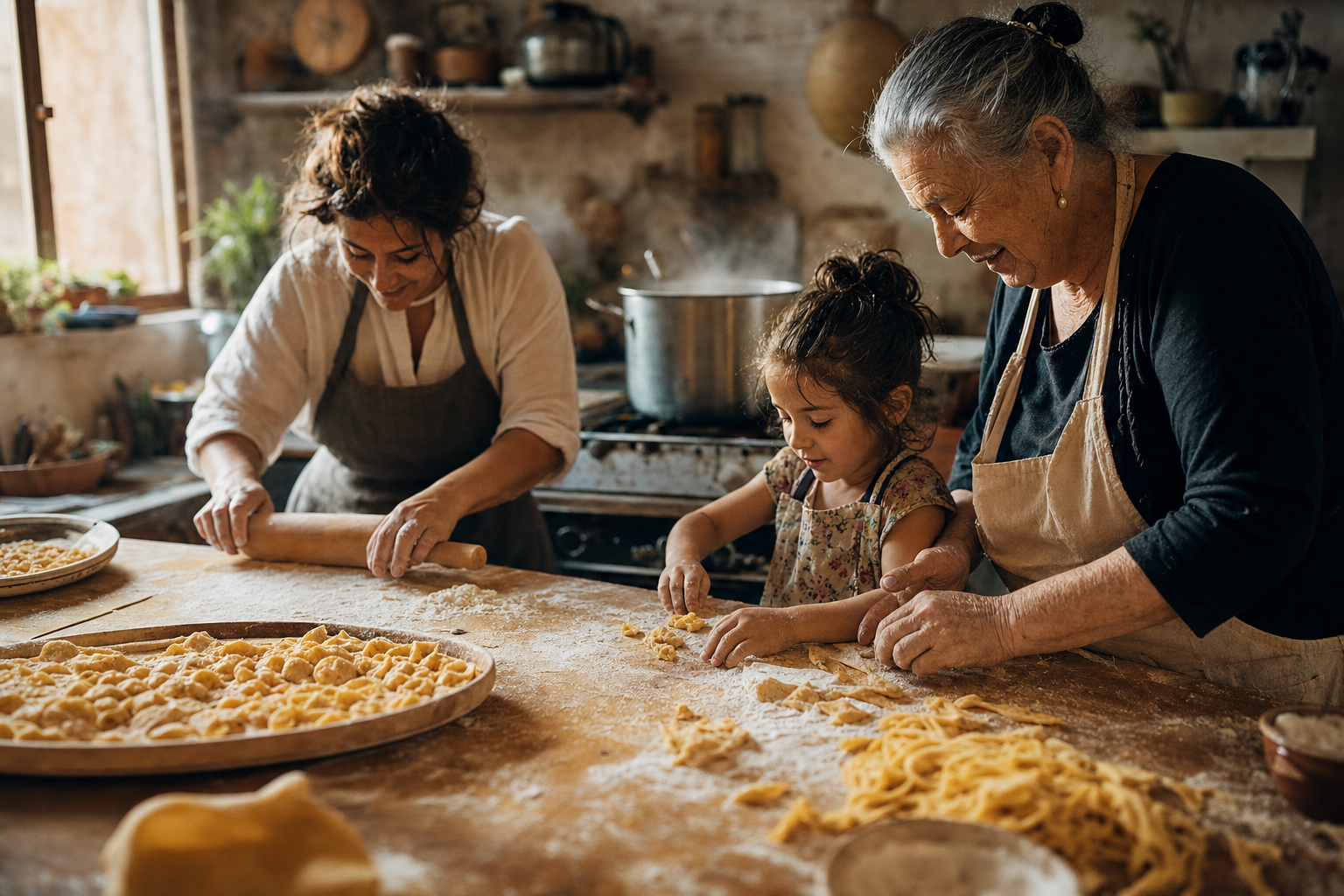 Drie generaties maken samen verse pasta aan een houten keukentafel met bloem, een deegroller en kleine gevormde pastastukjes.