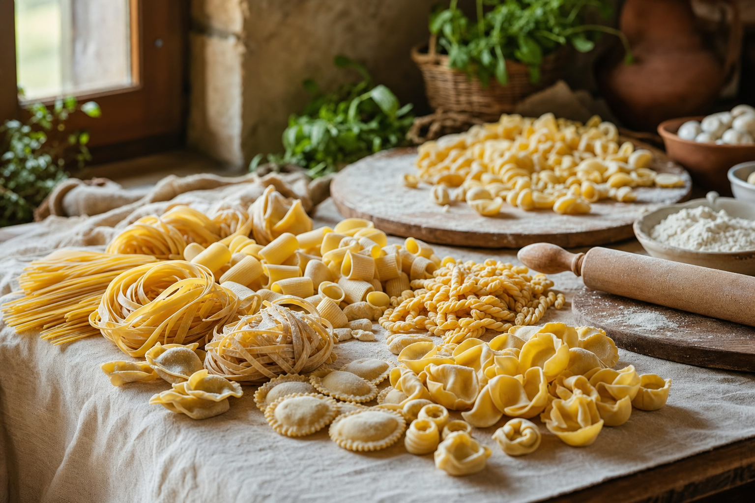 Een houten tafel met verschillende soorten droge en verse pasta, waaronder lange nesten, ribbelbuisjes, schelpjes en gedraaide vormen, naast een deegroller en een met bloem bestoven werkplank.