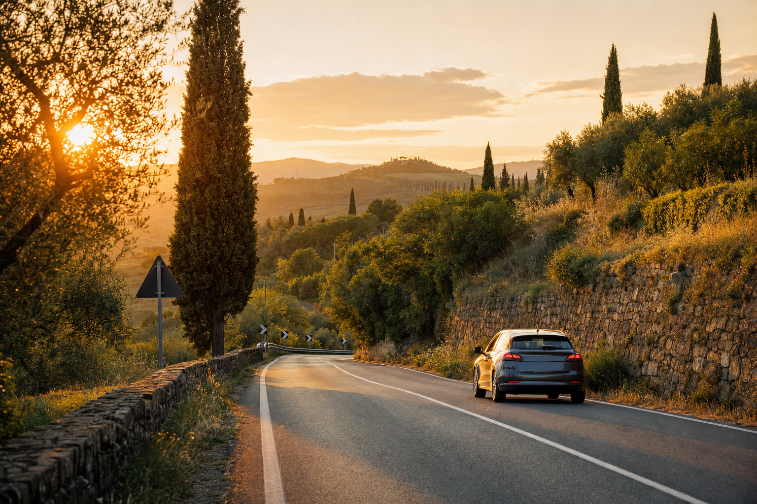 Een kleine auto rijdt op de rechterrijstrook van een bochtige weg door glooiend Italiaans landschap met cipressen, olijfbomen en lage stenen muren.