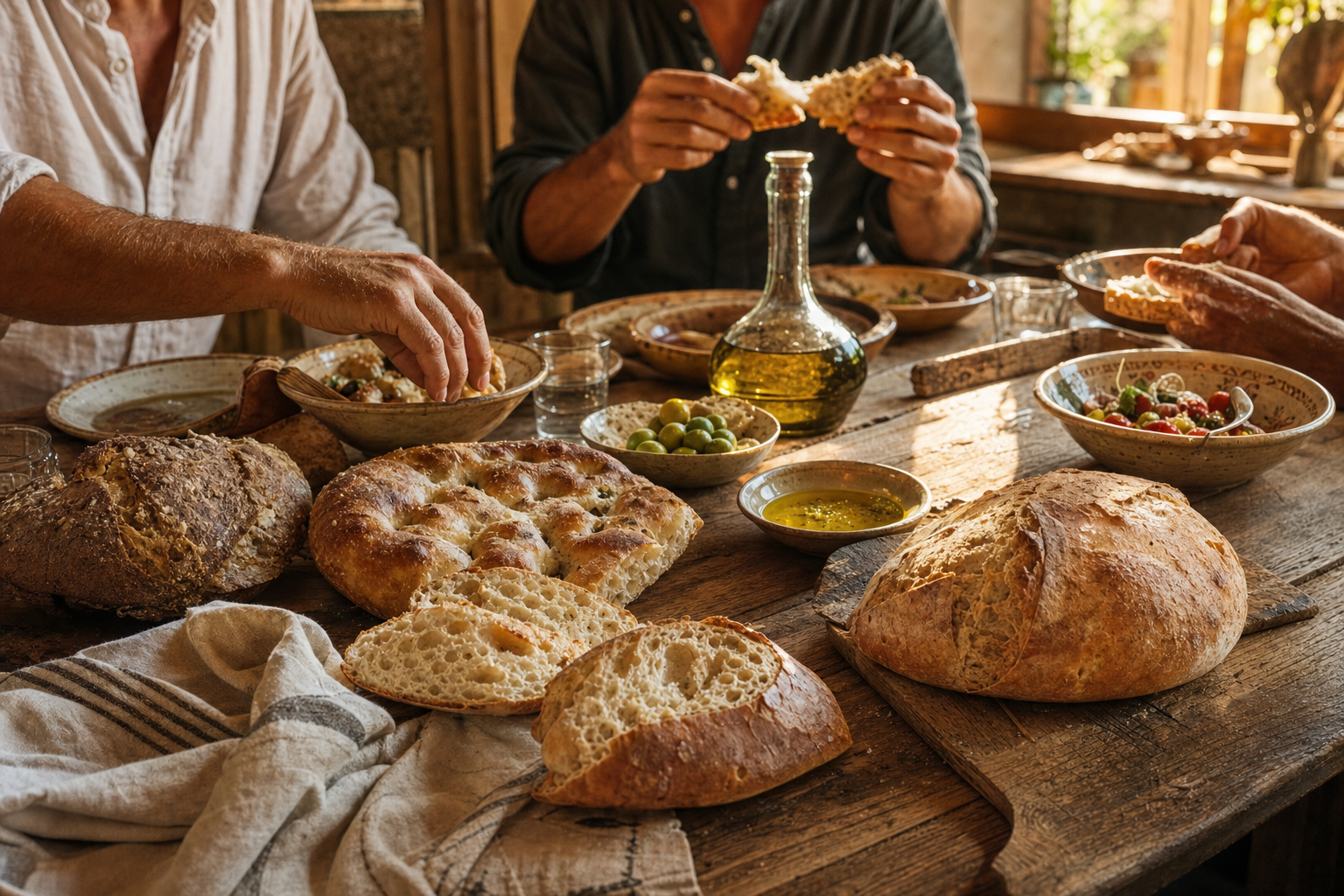 Een houten eettafel met verschillende verse broden, een linnen doek, borden, olijfolie en handen die een brood in stukken breken.