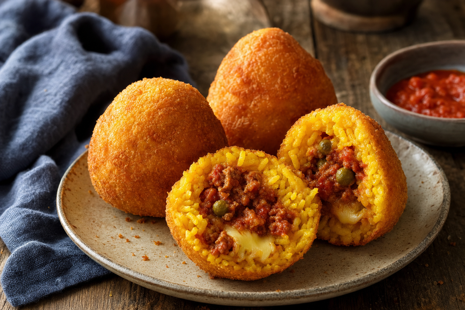 Drie goudbruine Siciliaanse arancini op een keramieken bord, waarvan één is opengesneden en saffraanrijst, vleesragù met doperwten en gesmolten kaas laat zien.