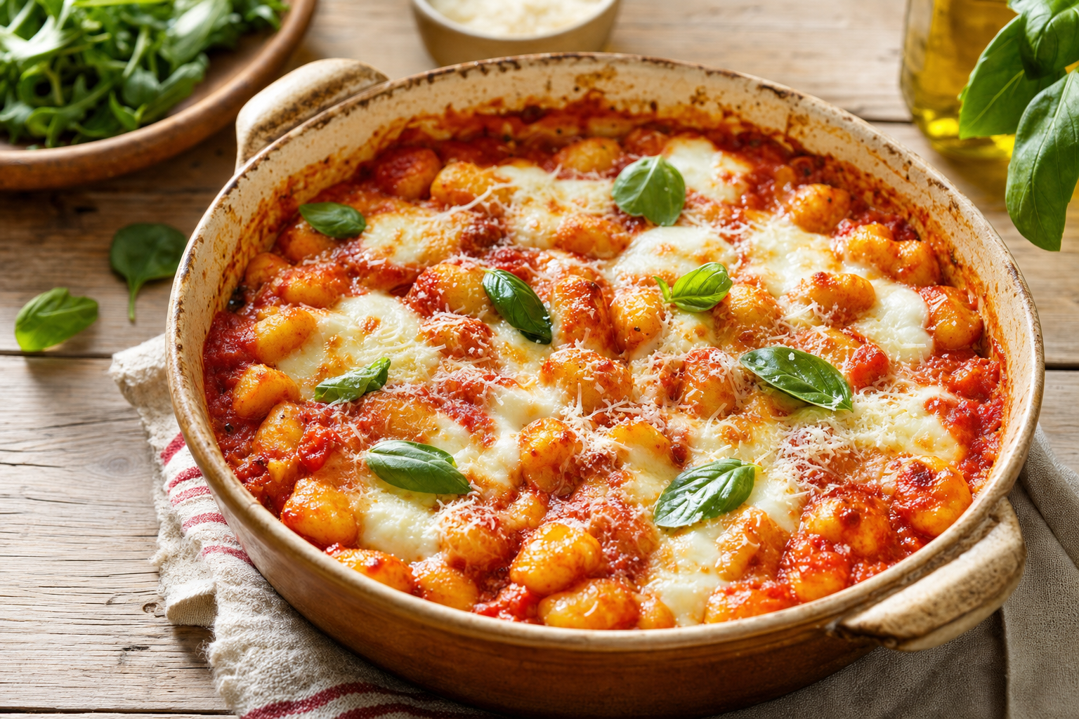 Een keramieken ovenschaal met aardappelgnocchi in rode tomatensaus, gesmolten mozzarella met goudbruine plekjes en verse basilicumblaadjes.