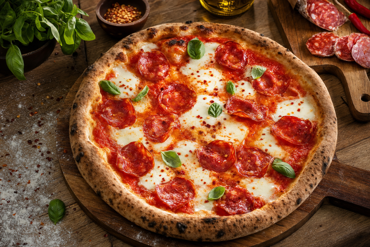 Een ronde pizza met goudbruine luchtige rand, tomatensaus, gesmolten mozzarella, gekrulde plakjes pikante salami, basilicum en chilivlokken op een houten tafel.