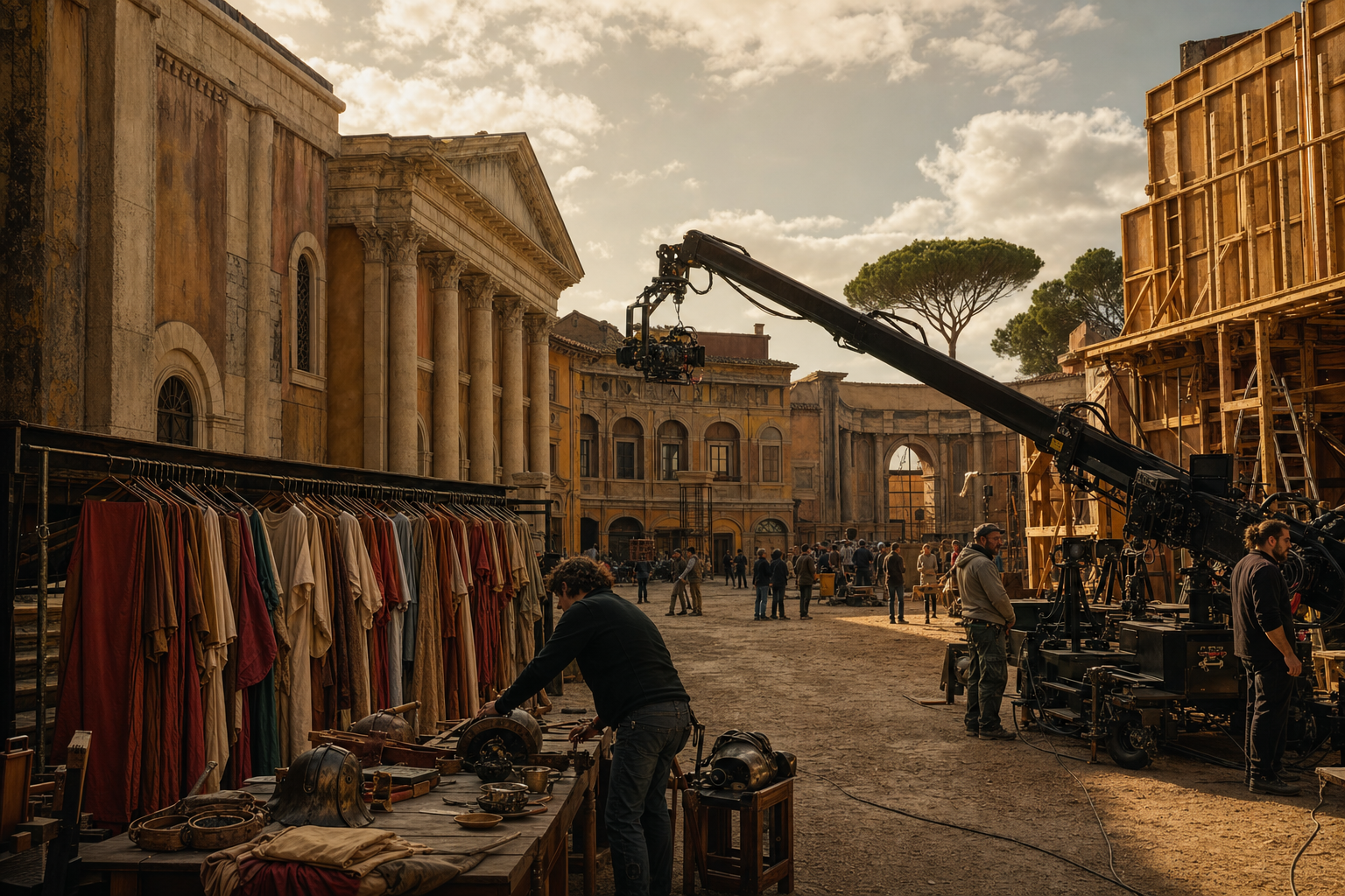 Een breed filmdecor met historisch ogende gevels, studiotechniek, houten decoronderdelen en medewerkers die een opname voorbereiden in warm zonlicht.